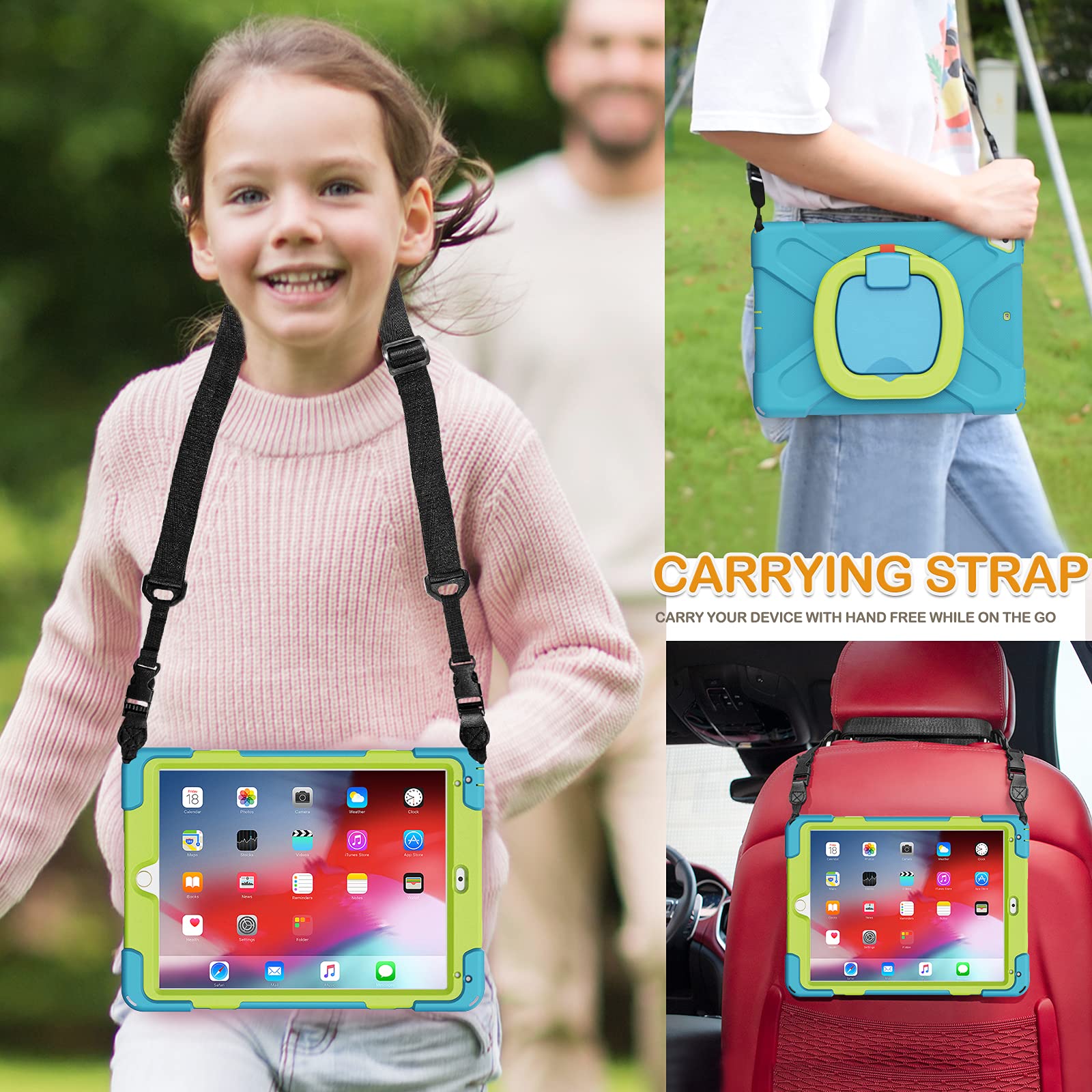 BRAECN Shockproof Kids Case for iPad 9.7 Inch (iPad 6th/5th Generation 2018/2017 & iPad Air 2) - 3-Layer Protective Silicone Cover with Rotating Handle, Adjustable Shoulder Strap, Pencil Holder & Kickstand - Sky Blue | Perfect for School, Travel & Outdoor Learning Activities
