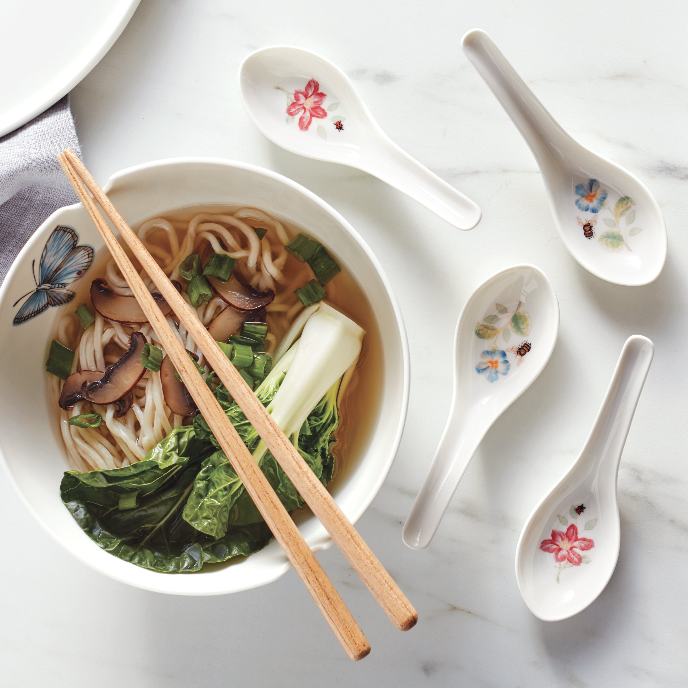 Butterfly Meadow Ceramic Rice Bowl & Chopsticks Set - Elegant Asian Dining Tableware for Sushi, Ramen, and Home Decor