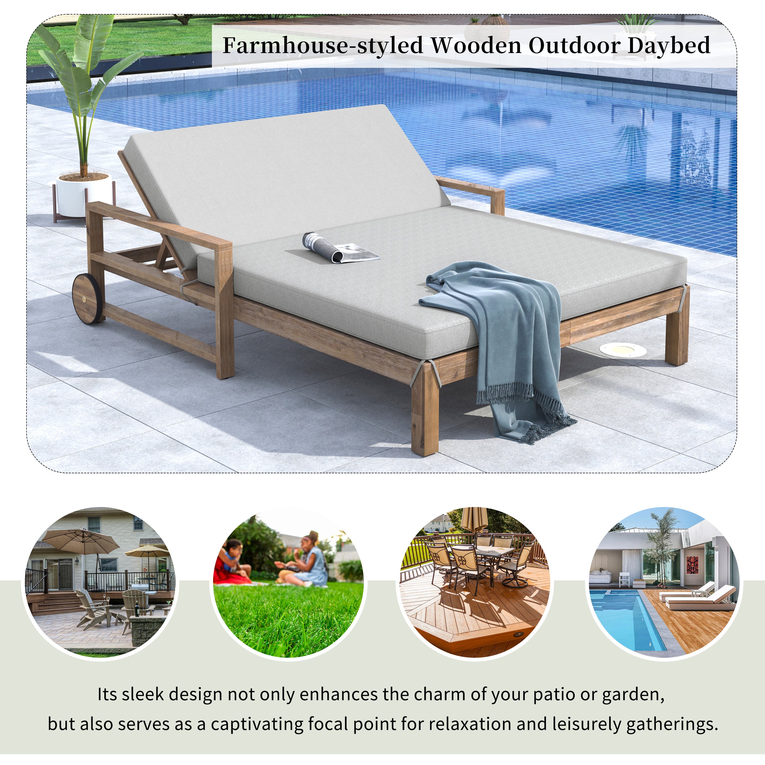 Farmhouse Style Wooden Outdoor Sunbed - 2 Person Daybed for Poolside, Garden & Backyard Relaxation | Weather-Resistant Grey Patio Furniture for Lounging, Sunbathing & Outdoor Entertaining