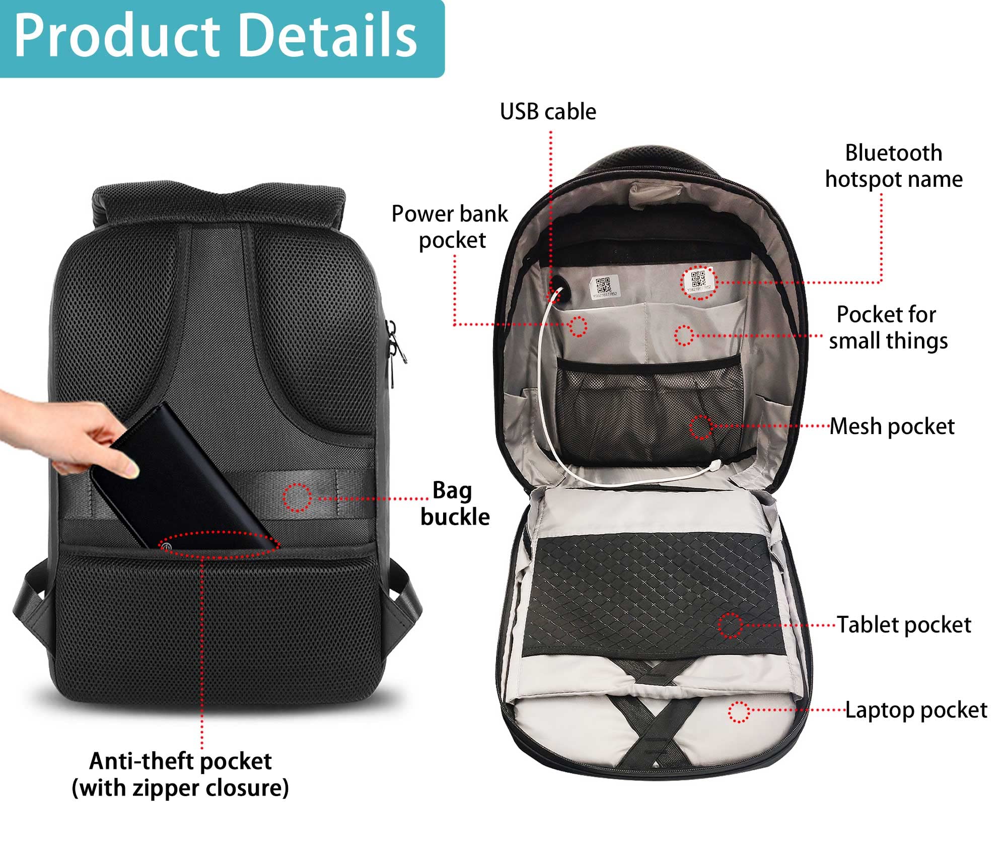 Welaso Smart Bluetooth LED Backpack - Programmable Colorful LED Sign Panel, DIY Laptop Daypack Bag with Rain Cover (Medium 21L, Black) - Perfect for School, Work, Travel & Night Cycling Safety