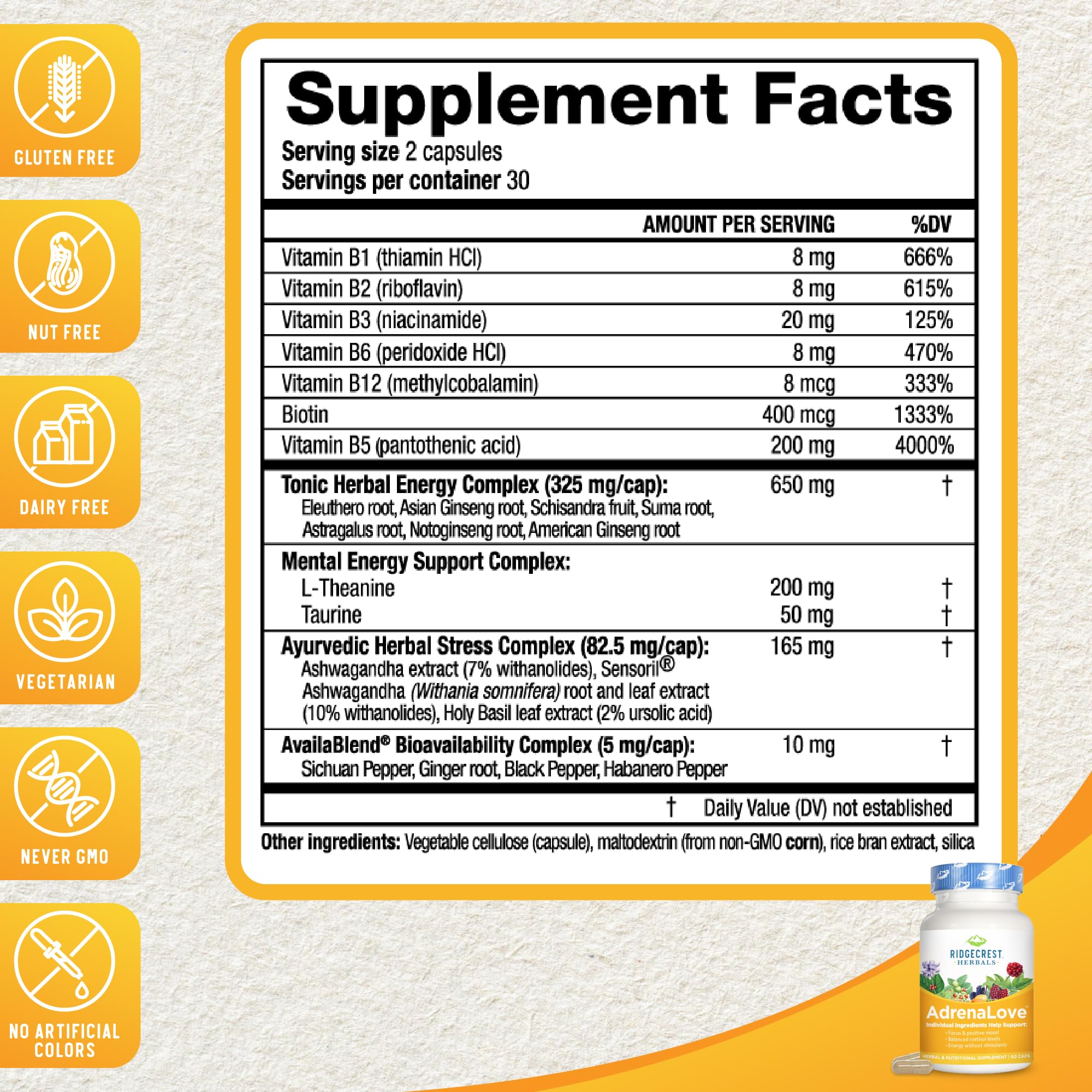 Adrenal Fatigue Supplement with Ashwagandha, L-Theanine & Adaptogens - AdrenaLove by Ridgecrest Herbals (60 Capsules, 30 Servings) for Stress Relief & Energy Support - Perfect for Busy Professionals & Students