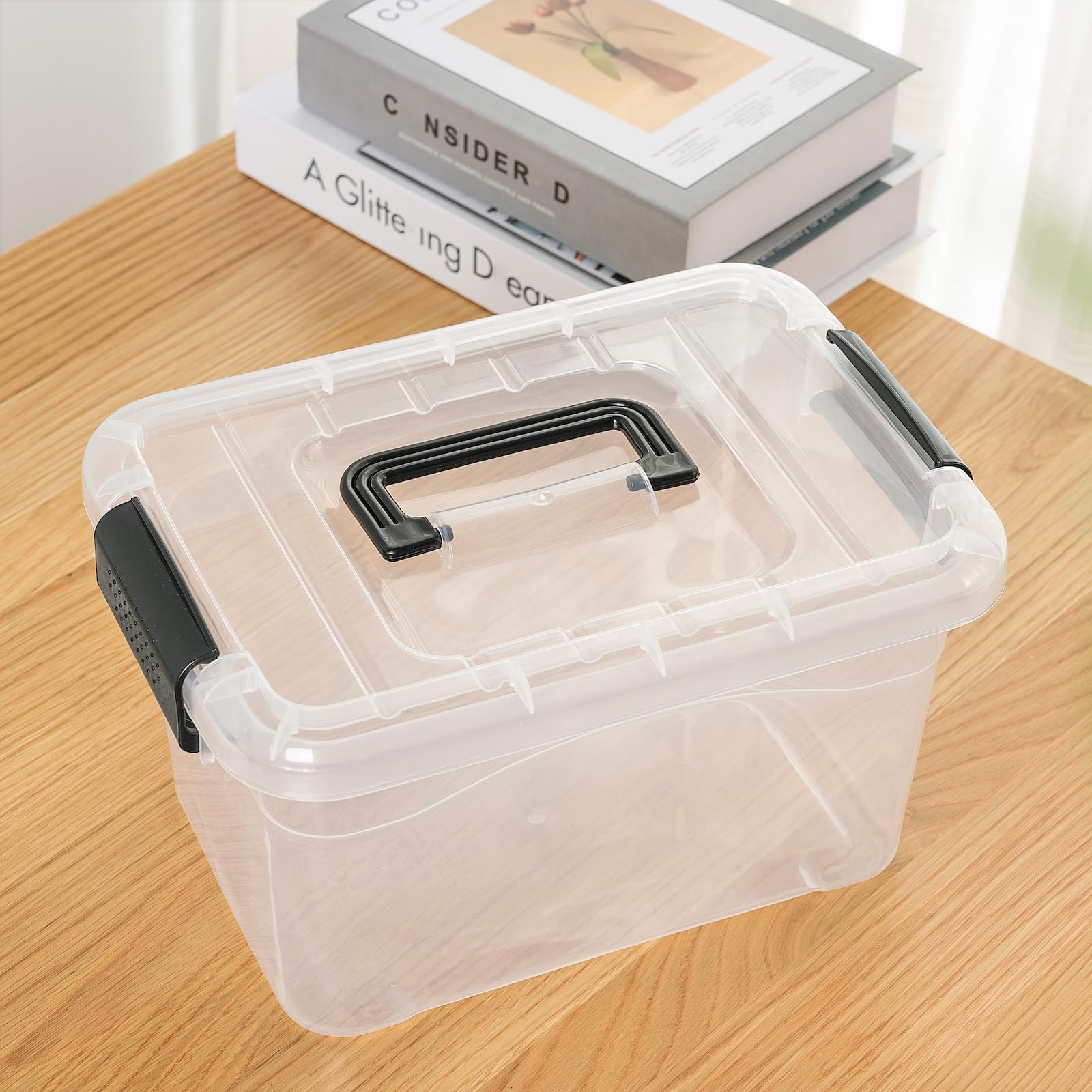 10L Clear Plastic Storage Bins with Lids - 12 Pack Stackable Organizer Boxes with Handles for Home, Office & Garage - Perfect for Organizing Cosmetics, Clothes, Tools, Cards & More - Durable PP Material, Portable & Space-Saving Design
