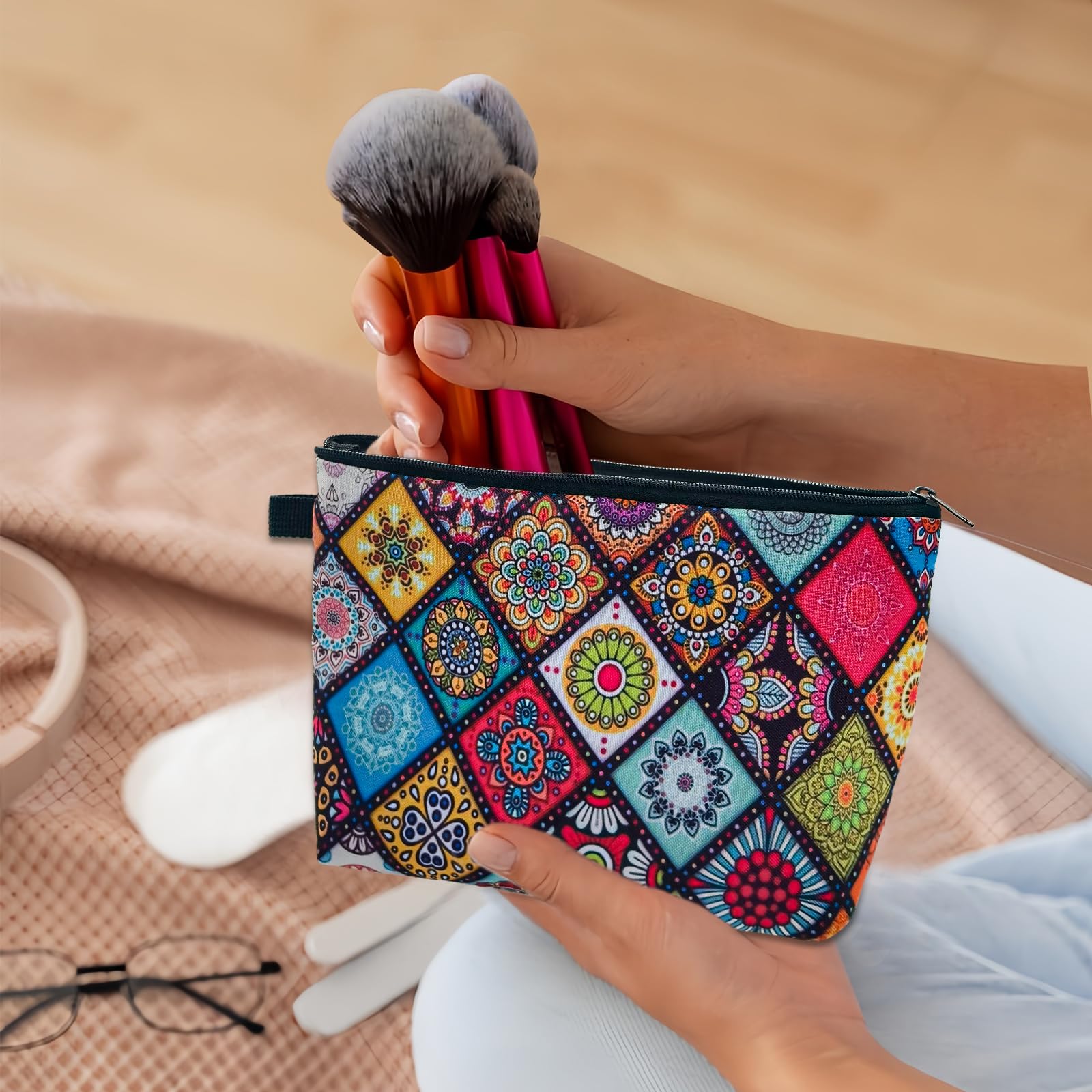 Ethnic Style Waterproof Makeup Bag for Women - Travel Cosmetic Pouch with Zipper for Lipstick, Toiletries & Essentials (8.6 x 5.1 x 6 inches) - Perfect for Travel, Gym & Daily Organizer