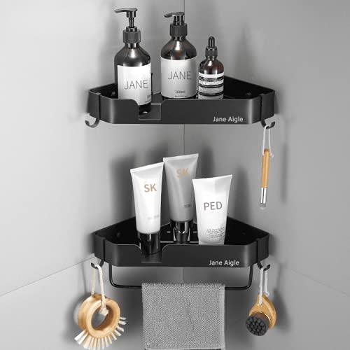 2-Tier Black Shower Corner Shelf - No Drill Wall Mounted Bathroom Organizer with Towel Rack for Shampoo, Soap & Storage - Perfect for Small Bathrooms, Kitchen & RV Spaces