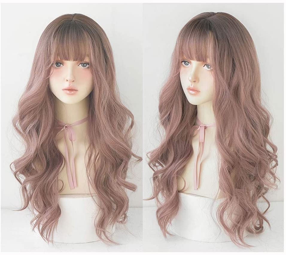 Heat Resistant Synthetic Wavy Curly Wig with Bangs for Women - 26 Inch Cosplay & Daily Wear Hairpiece - Perfect for Parties, Halloween, and Everyday Styling (Color: A)