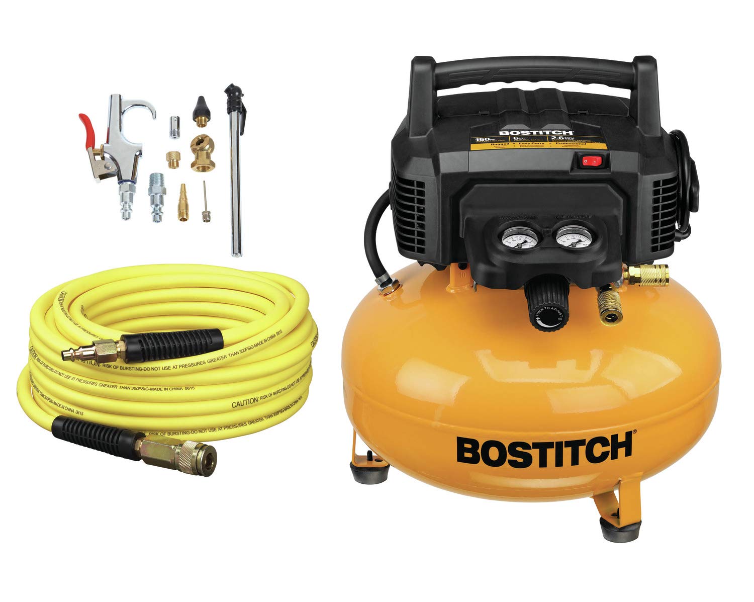BOSTITCH BTFP02012-WPK 6 Gallon Oil-Free Air Compressor Kit - 150 PSI Portable Air Compressor for Nail Guns, Inflating Tires, and DIY Home Projects