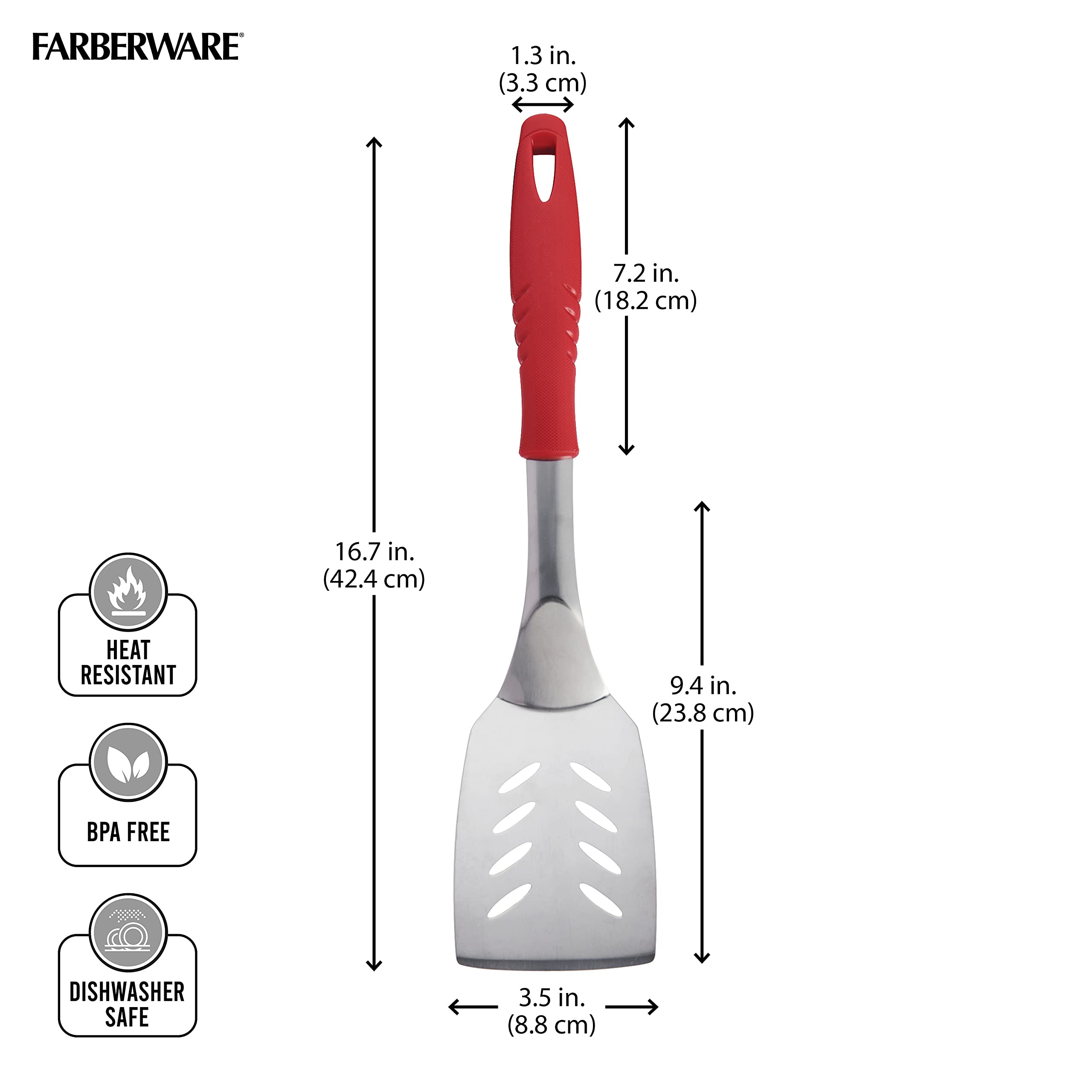Farberware 16.75-Inch Red BBQ Grill Turner Spatula - Heavy Duty Stainless Steel for Grilling Burgers, Steaks & Vegetables - Perfect for Backyard BBQs, Picnics & Outdoor Cooking
