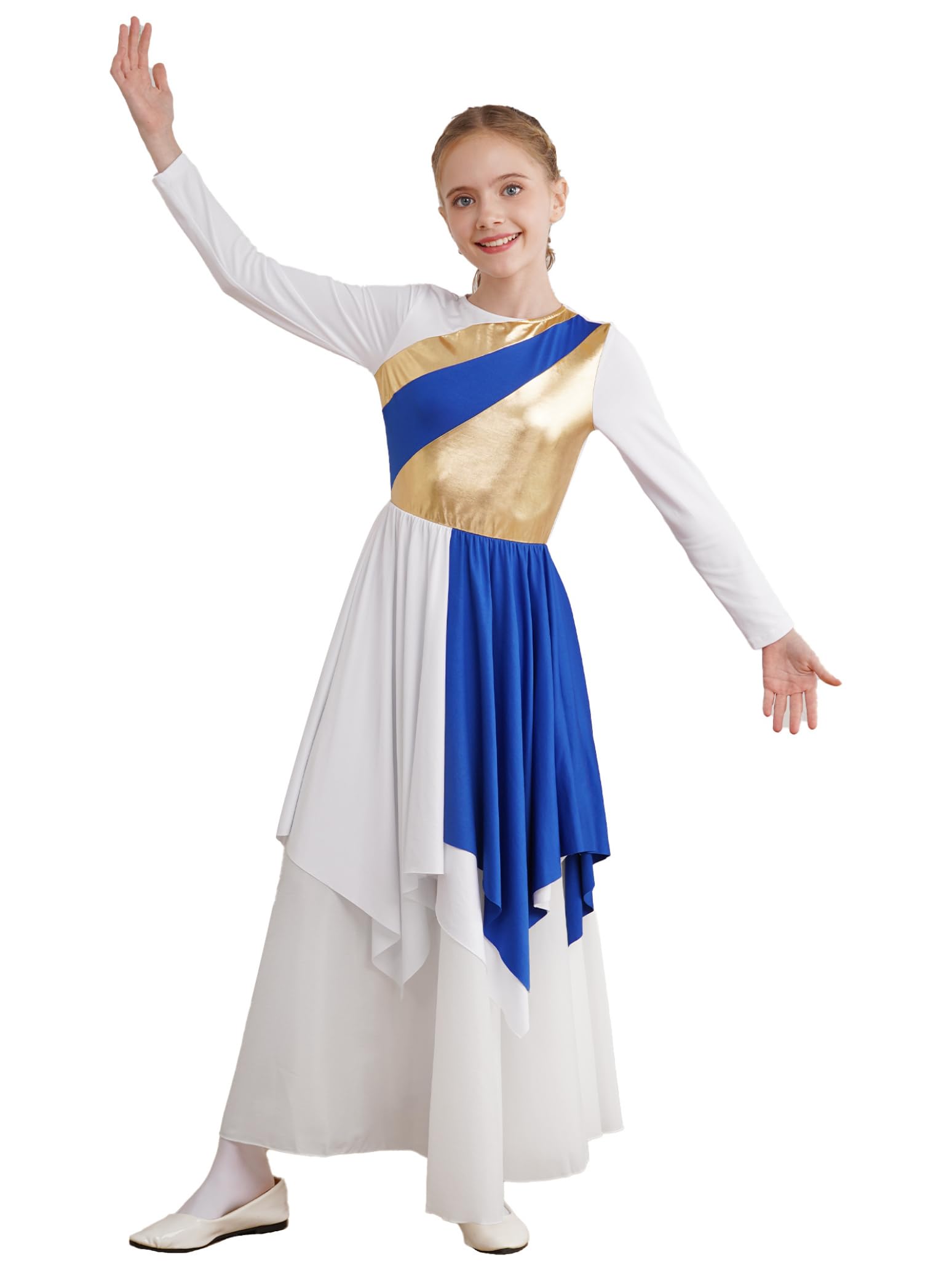 Girls Long Sleeve Metallic Praise Dance Dress - Liturgical Worship Costume with Asymmetrical Design for Church Performances & Religious Ceremonies