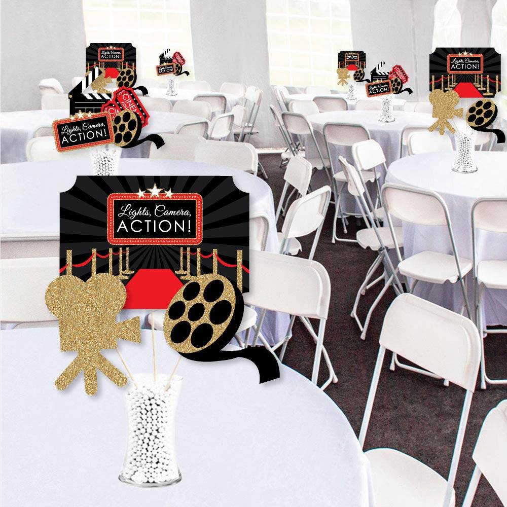 Premium Hollywood Movie Night Table Centerpiece Set - Double-Sided Printed Cardstock Toppers, 35-Piece Celebration Decor Kit for Red Carpet Parties, Birthday Celebrations & Themed Events