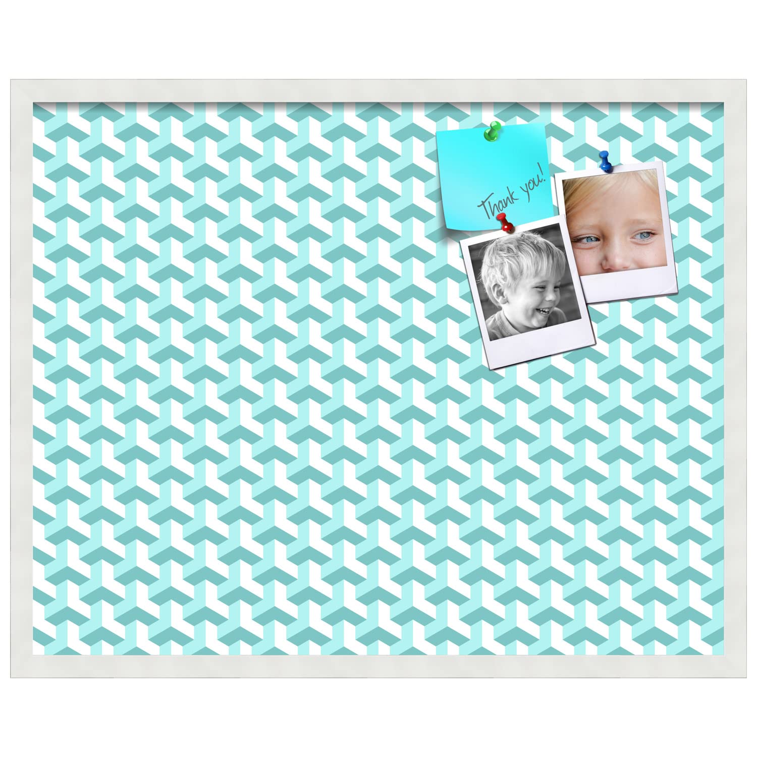 PinPix 30x24 Inch Cork Bulletin Board with BAUS Aqua Design & Satin White Frame - Decorative Wall Memo Board for Home Office, School Classroom, Dorm Room & Workspace Organization