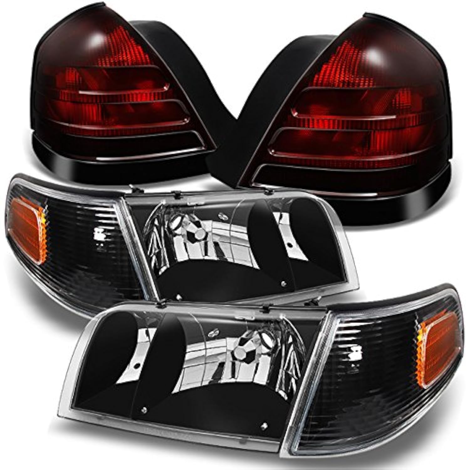 AKKON Black Headlights & Dark Red Tail Lights Combo Set for Ford Crown Victoria - Replacement Pair with 2 Bulb Sockets | Perfect for Night Driving & Car Upgrades
