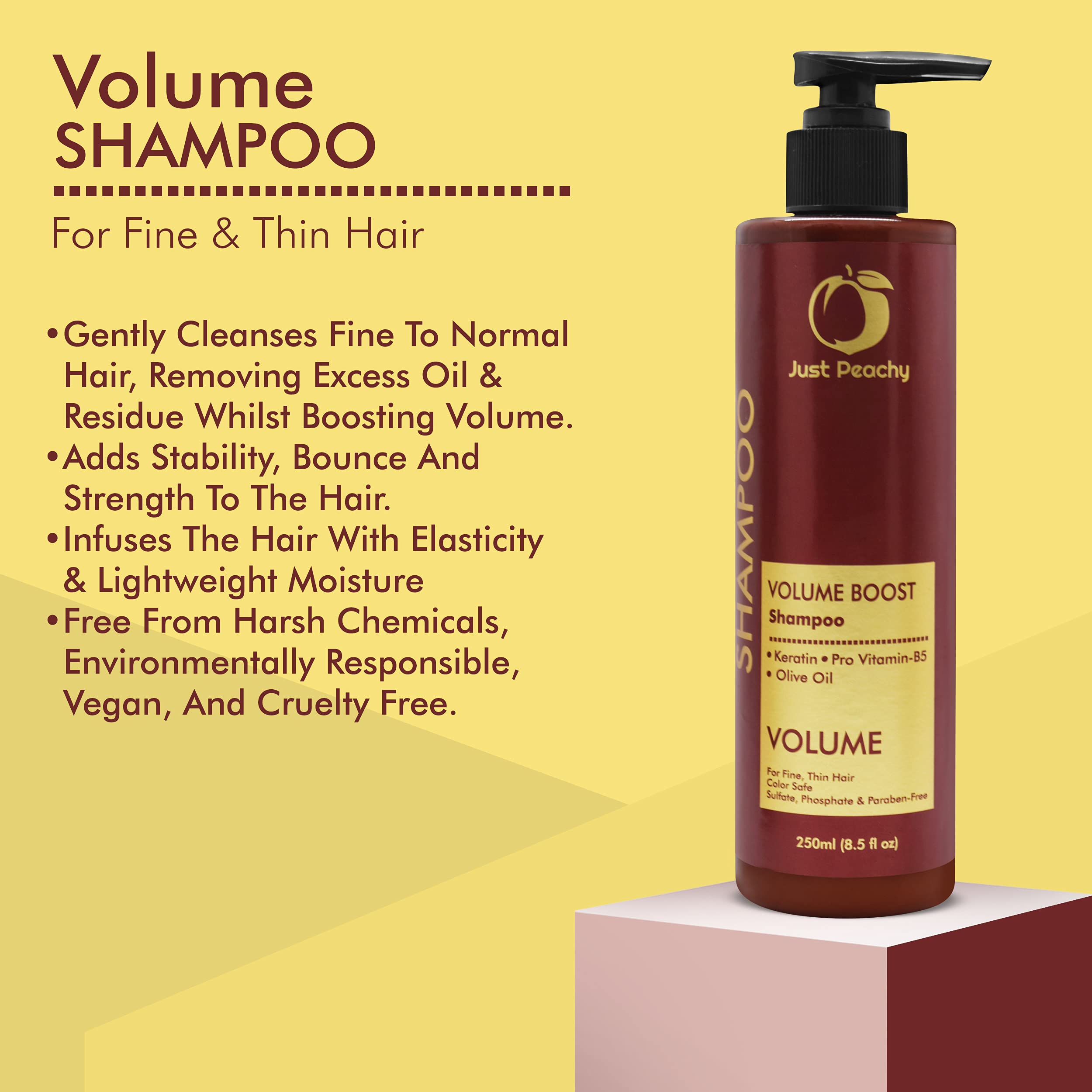 Just Peachy Volume Boost Shampoo with Keratin, Pro Vitamin B5 & Olive Oil - Color Safe for Fine & Thin Hair | Sulfate, Paraben & Phosphate Free | 100% Vegan (250ml) | Adds Volume & Shine for Daily Styling & Special Occasions