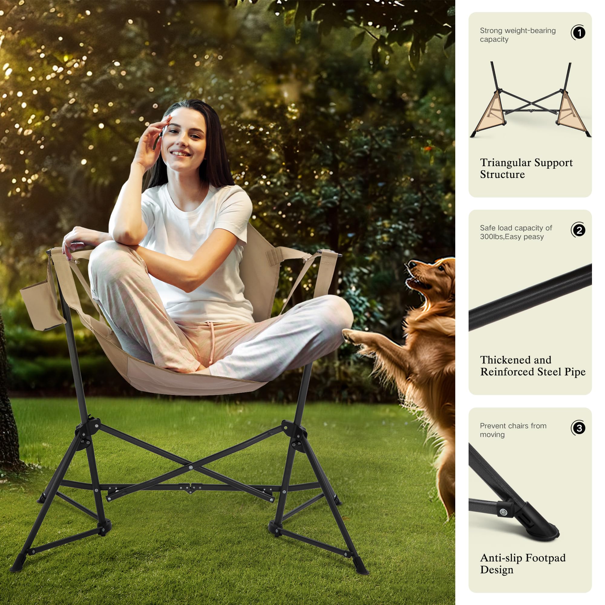 Portable Hammock Camping Chair with Adjustable Back - Heavy Duty Folding Outdoor Rocking Chair for Adults - Includes Cup Holder & High Back Support - Perfect for Backyard, Beach, Camping & Patio Relaxation (Beige)