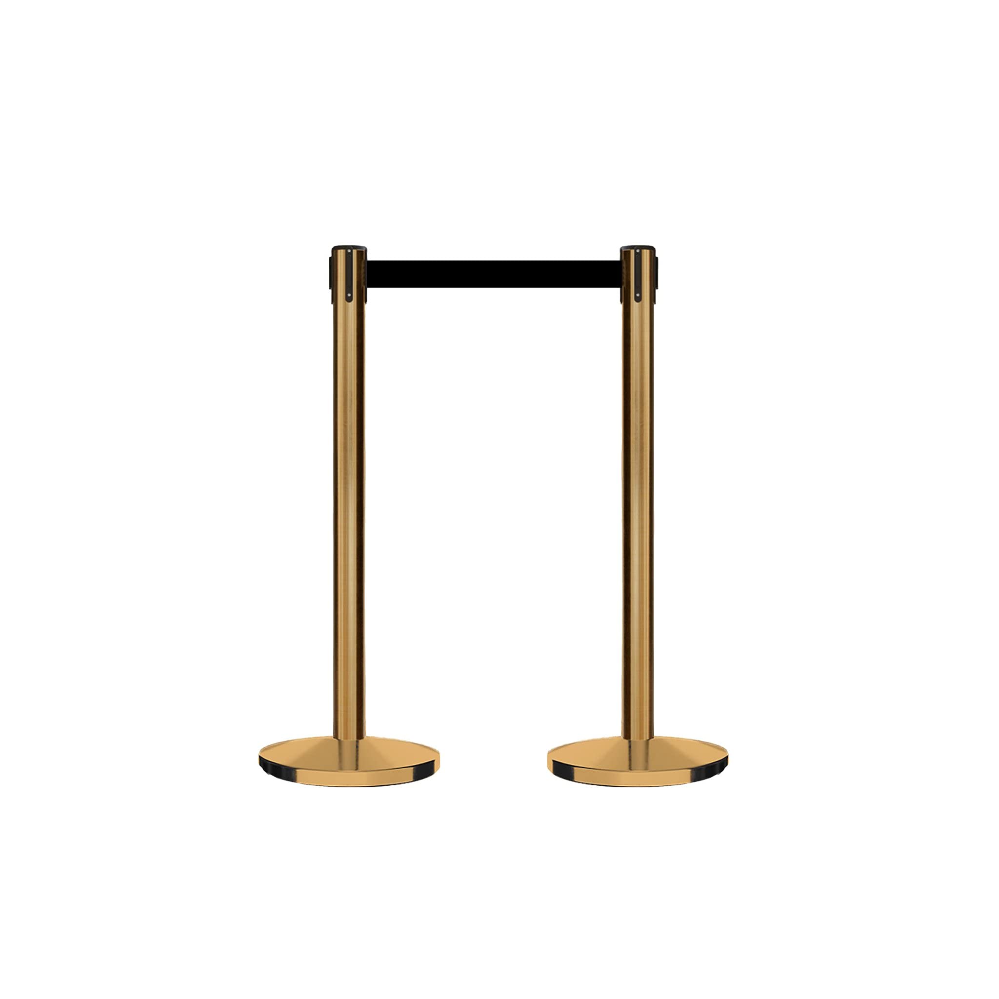CCW Set of 2 Retractable Belt Barrier Stanchions with Cast Iron Base & Satin Brass Post - 11 Foot Red Belt (IRBB-100) for Crowd Control, Event Queue Management, and Retail Safety