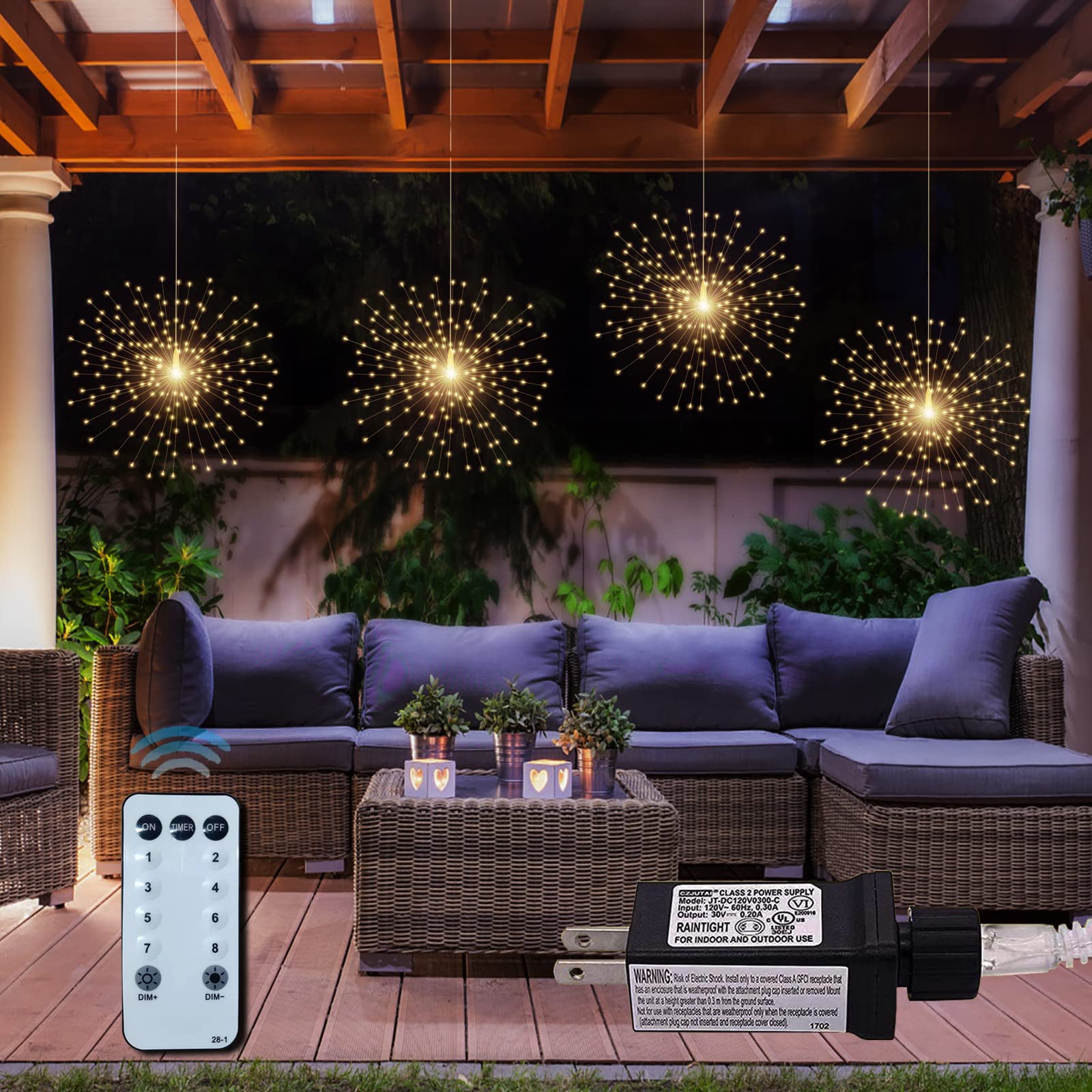 4 Pack 800 LED Plug-in Starburst Sphere Lights - Firework Lights with 8 Modes, Dimmable Remote Control & Waterproof Design - Copper Wire Fairy Lights for Patio, Garden, Tent, Christmas, Wedding & Party Decorations (Warm White) - Perfect for Indoor/Outdoor Holiday Lighting & Special Events