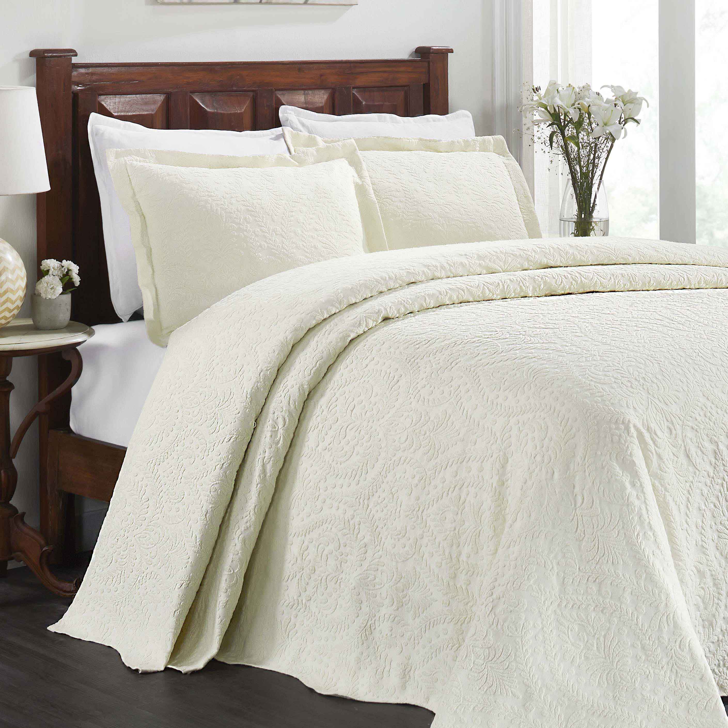 Premium Aspen Cotton Blend Jacquard Woven Floral Bedspread Set with Scalloped Edges - Queen Size Luxury Bedding for Master Bedroom & Guest Room Decor