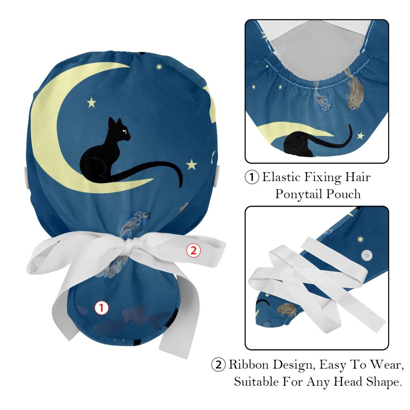 Cat Princess Heart Scrub Hats for Women & Men - 2 Pack Long Hair Surgical Caps with Button Closure & Sweatband - Unisex Tie Back Nurse Hats for Healthcare Workers, Doctors, and Food Service Professionals