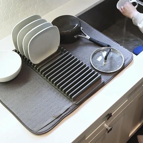 ENCHANTMENT ARAA PAVA Dish Drying Rack with Microfiber Mat - Removable Countertop Drain Tray for Wine Glasses, Bowls & Plates - Perfect for Kitchen Sink, Countertop Drying & Space-Saving Storage