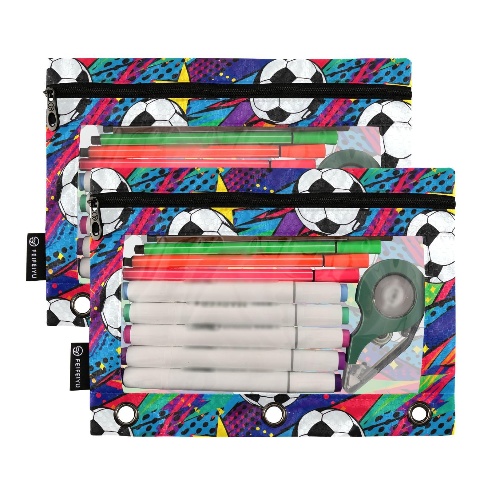 2 Pack Clear Zippered Soccer Football Pencil Pouch for 3-Ring Binder - Durable Office Supplies Organizer for School, Work & Sports Gear Storage | Perfect for Students, Teachers & Soccer Fans