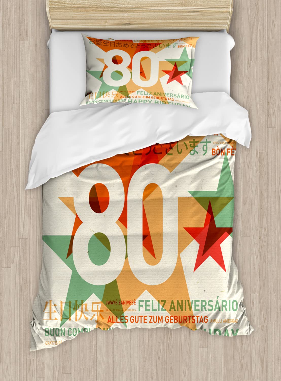 Ambesonne 80th Birthday Duvet Cover Set - 2 Pack Twin Size Bedding with 2 Duvet Covers & Pillowcases - 80 Years Old Party Theme in Pale Vermilion & Green - Perfect for Birthday Celebrations, Guest Rooms & Themed Bedroom Decor