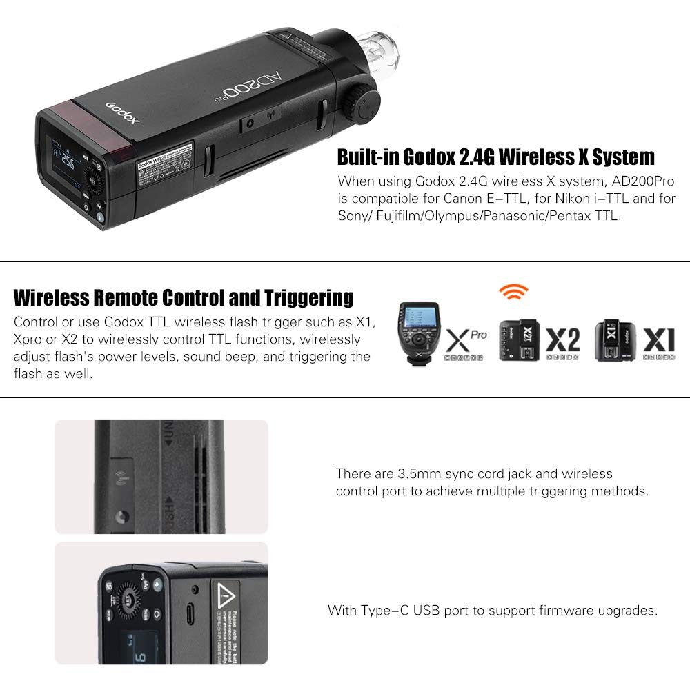 Godox AD200Pro 200WS 2.4G TTL Pocket Flash with 2900mAh Battery - HSS 1/8000s, Speedlite/Bare Bulb Strobe for Nikon, Sony, Fujifilm, Canon, Panasonic, Pentax & Olympus - Perfect for Portrait, Wedding & Studio Photography