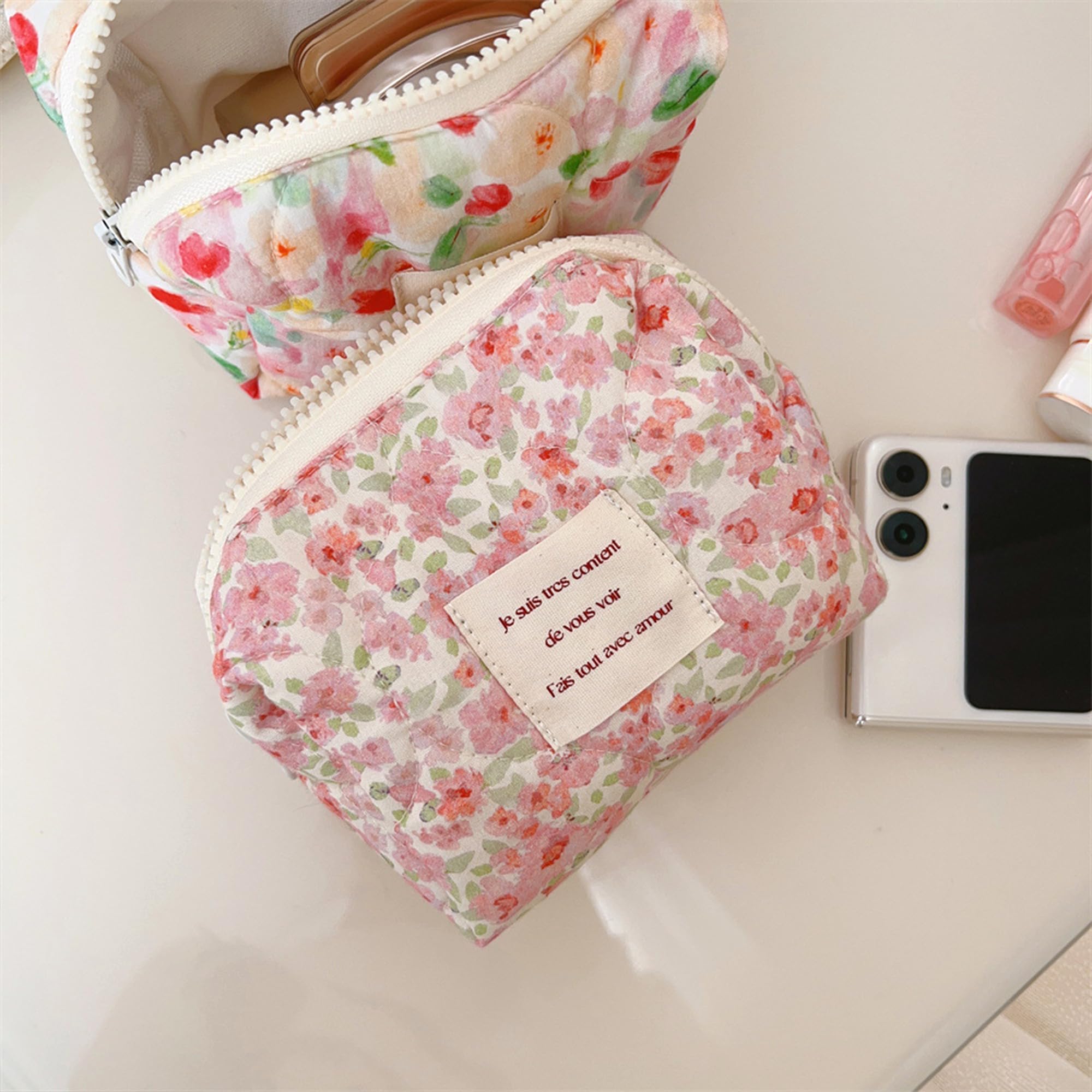 Floral Makeup Bag Small Travel Cosmetic Organizer - Cute Quilted Cotton Zipper Pouch for Toiletries & Accessories | Perfect for Travel, Gym, and Everyday Use