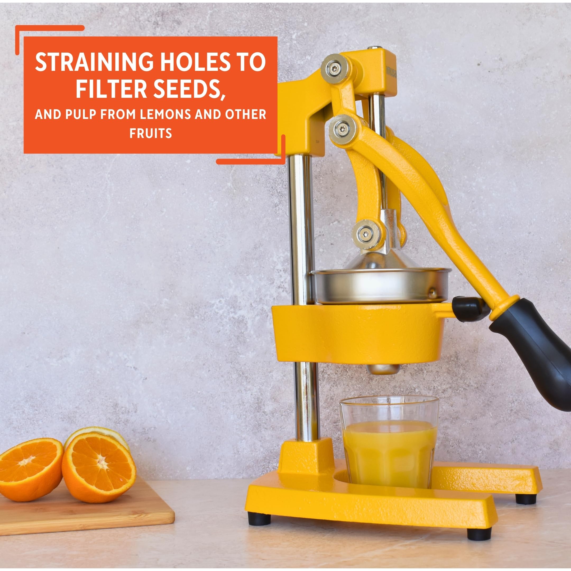 IMUSA USA J100-00109 Heavy Duty Citrus Juicer - Large Yellow Manual Orange Lemon Lime Squeezer for Fresh Juice - Perfect for Kitchen, Breakfast, Cocktails & Healthy Living