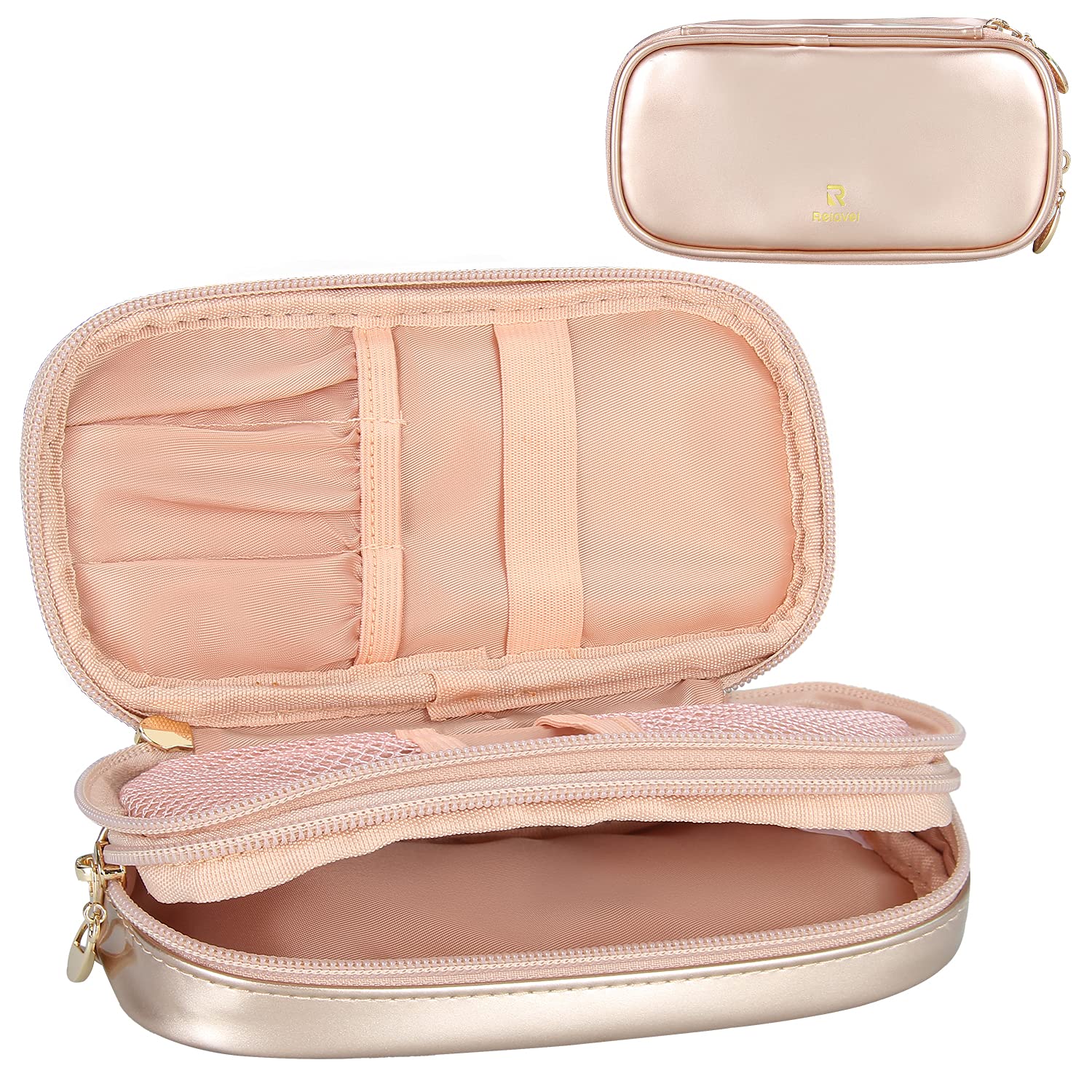 MONSTINA Rose Gold Waterproof Makeup Bag for Women - Small Travel Cosmetic Organizer with Compartments for Brushes & Essentials | Perfect for Purse, Gym & Vacation