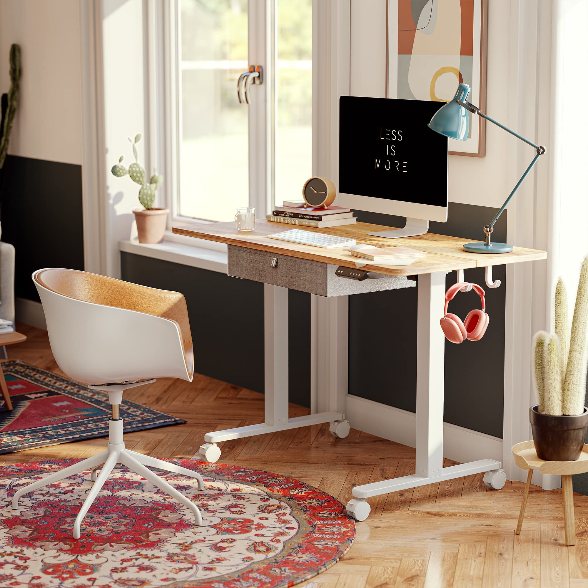 FEZIBO 40 x 24 Inches Electric Standing Desk with Drawer - Adjustable Height Sit Stand Desk with Storage, Ergonomic Home Office Computer Desk in Light Rustic Finish | Perfect for Remote Work, Gaming & Study Spaces