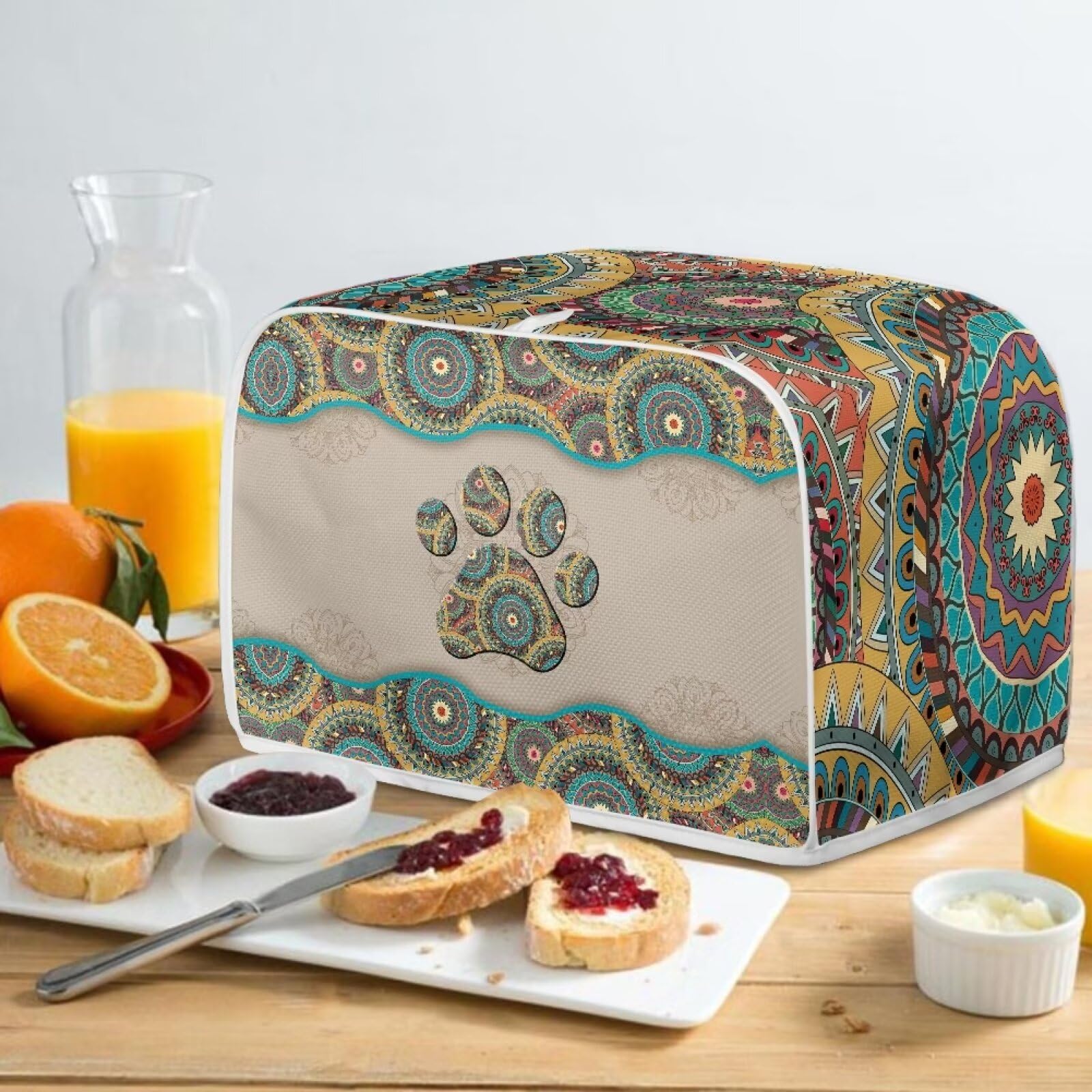Boho Dog Paw Quilted Toaster Cover - Dust-Proof 4 Slice Toaster Oven Cover for Kitchen Small Appliances - Perfect for Boho Style Kitchens & Pet Lovers' Homes