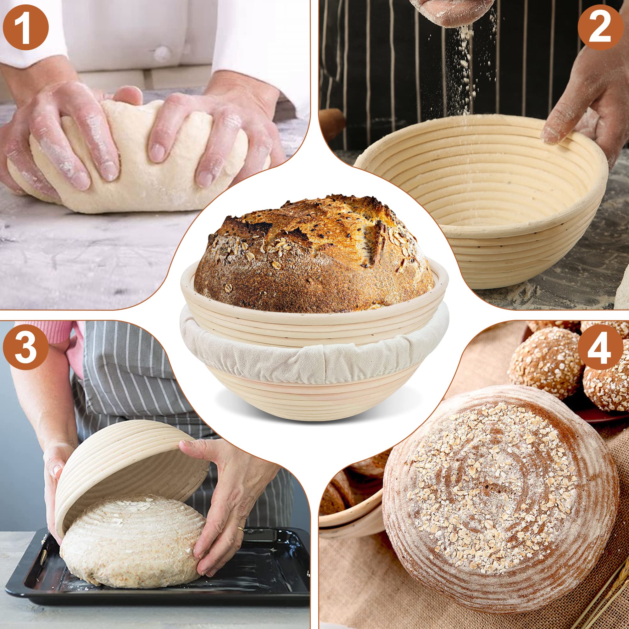 Banneton Bread Proofing Basket - 2 Pack 8.5 Inch Round Rattan Bread Bowls with Linens for Artisan Sourdough Baking | Perfect for Home Bakers & Professional Chefs | Ideal for Bread Making, Proofing Dough & Creating Beautiful Loaves