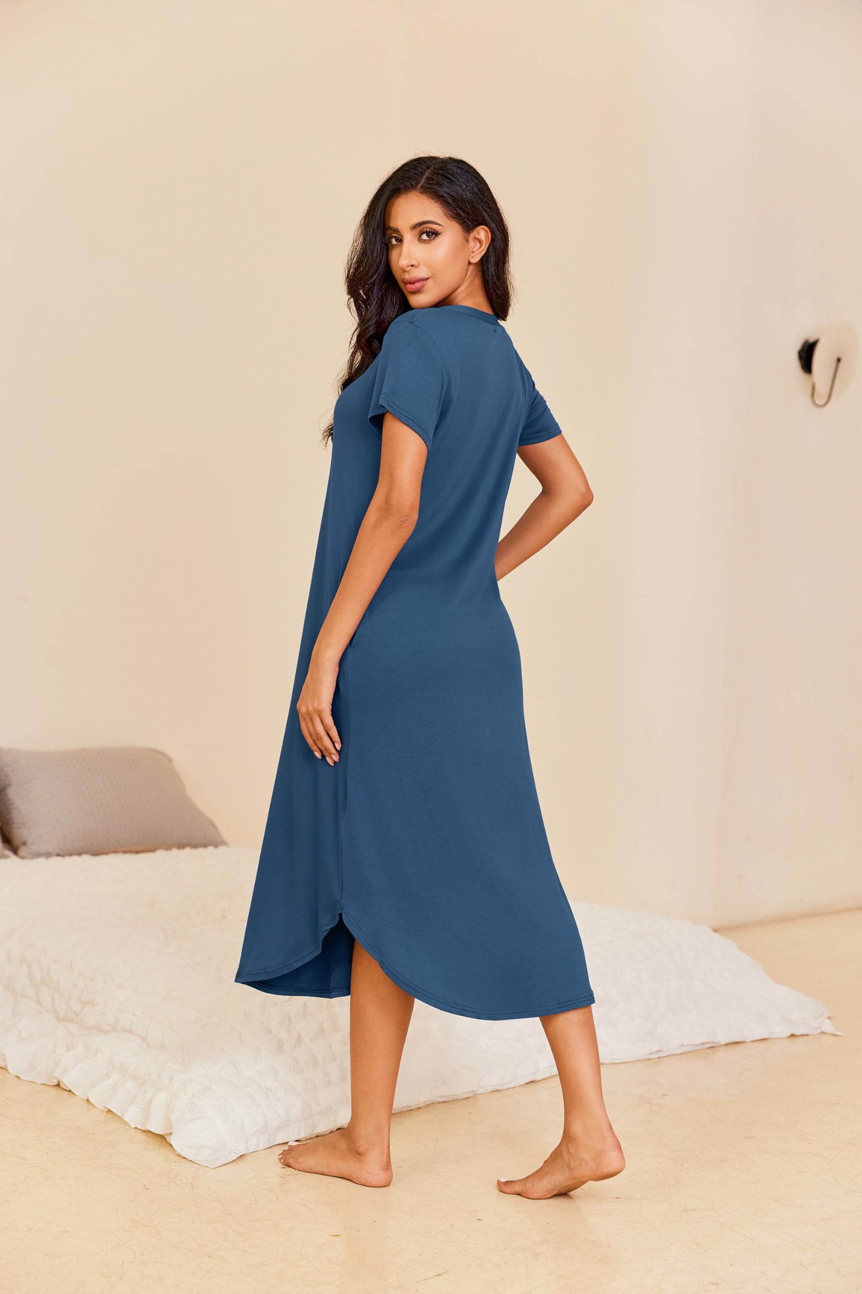 Ekouaer Women's Long Button-Down Nightgown - Short Sleeve Sleepwear with Pockets, Full Length Comfortable Sleep Shirt (Sizes S-2XL) - Perfect for Relaxing at Home, Lounging & Overnight Stays