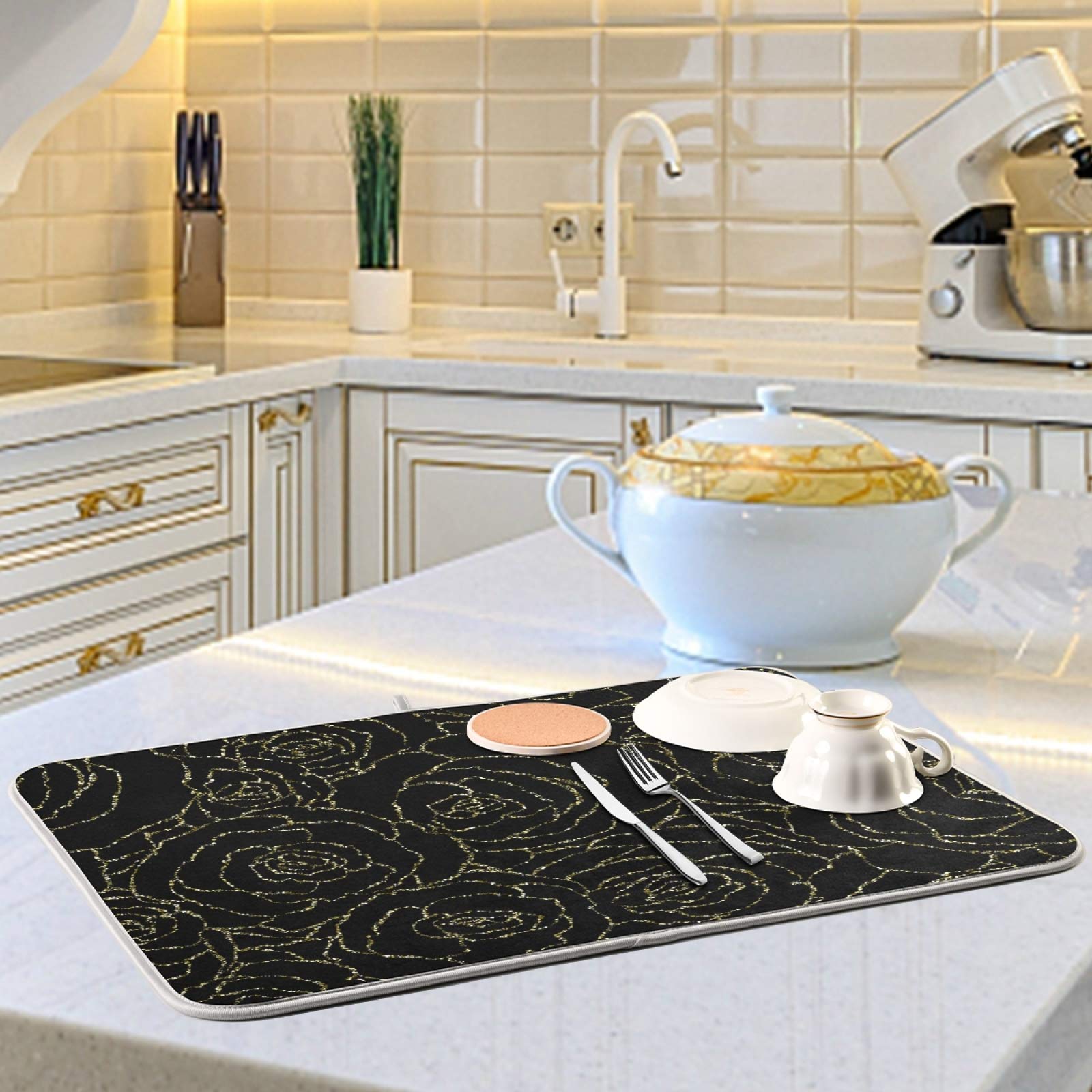 Susiyo Gold Glitter Roses Dish Drying Mat - Super Absorbent Microfiber Kitchen Counter Pad (18x24 Inch) | Heat-Resistant, Non-Slip & Safe for Dishes | Perfect for Drying Cups, Plates & Utensils on Countertops