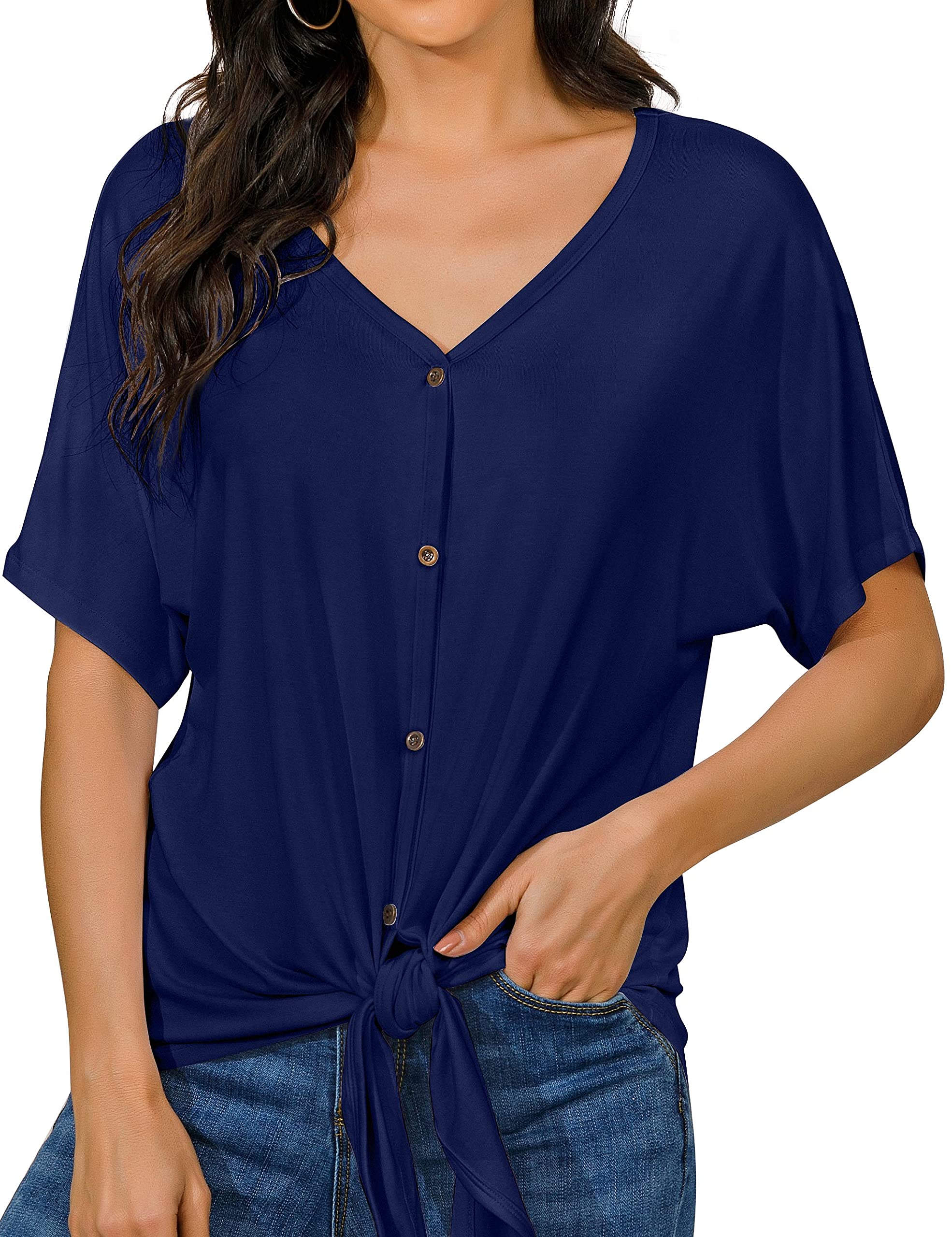 Women's V-Neck Tie Knot T-Shirt - Short Sleeve Summer Blouse for Casual Wear | Perfect for Beach Outings, Date Nights & Everyday Fashion