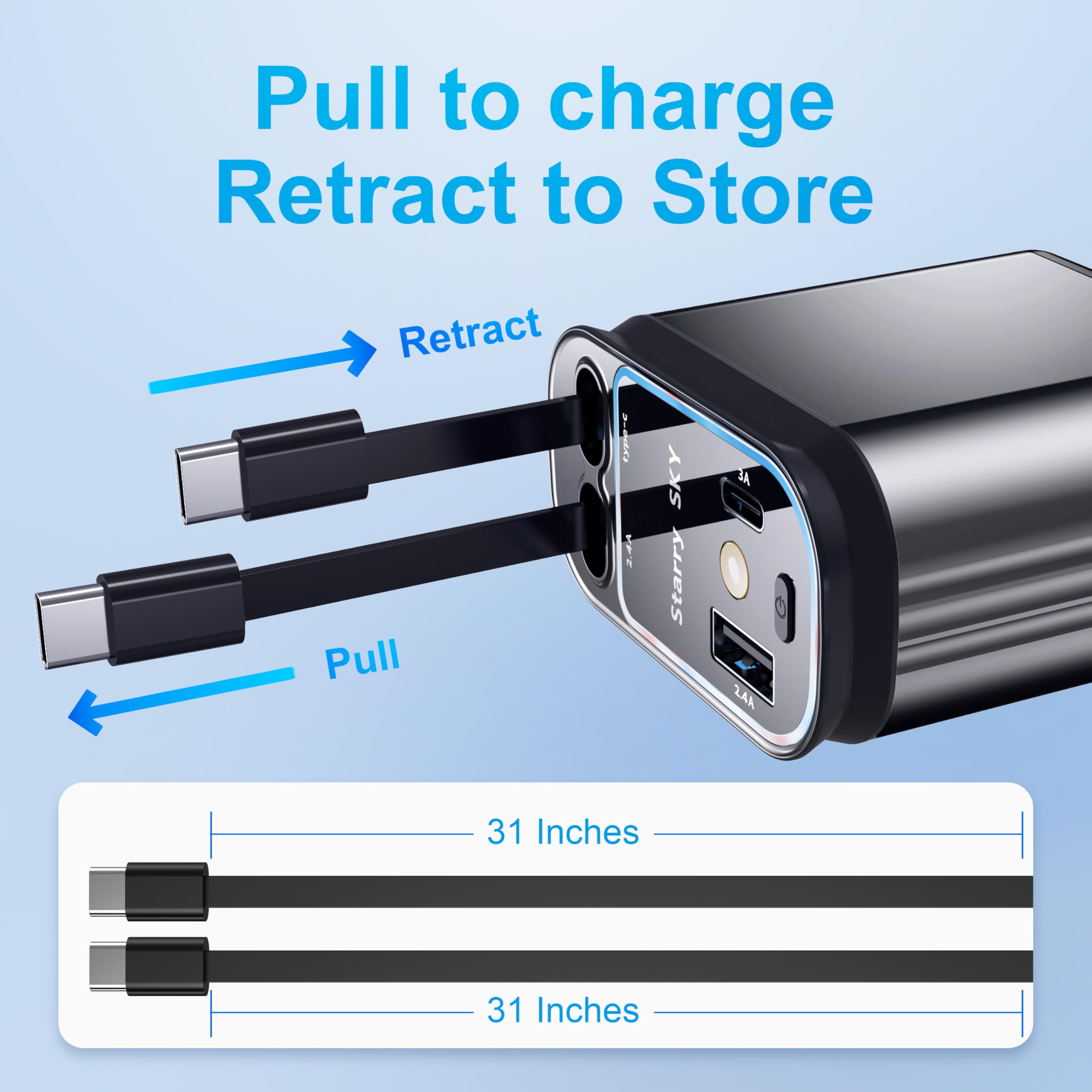 69W Fast Car Charger 4-in-1 with Starry Light - USB-C & Dual Cord - for iPhone 15/16 & Android - Perfect for Road Trips