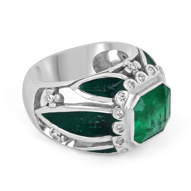 4.88tcw 18K Vivid Dark Green Emerald Enamel Diamond Men's Statement Cocktail Ring - Luxury Jewelry for Men, Wedding, Anniversary & Special Occasions