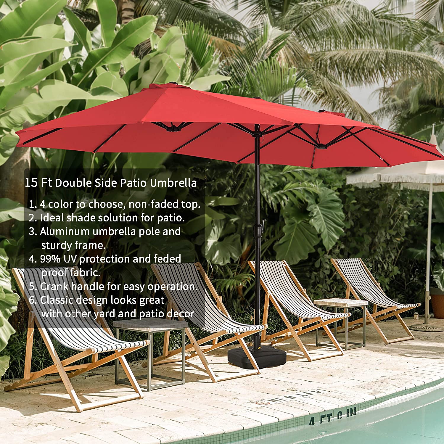 15Ft Double-Sided Patio Umbrella with Crank Handle & Base - Extra Large Outdoor Market Umbrella for Backyard, Poolside, and Commercial Use