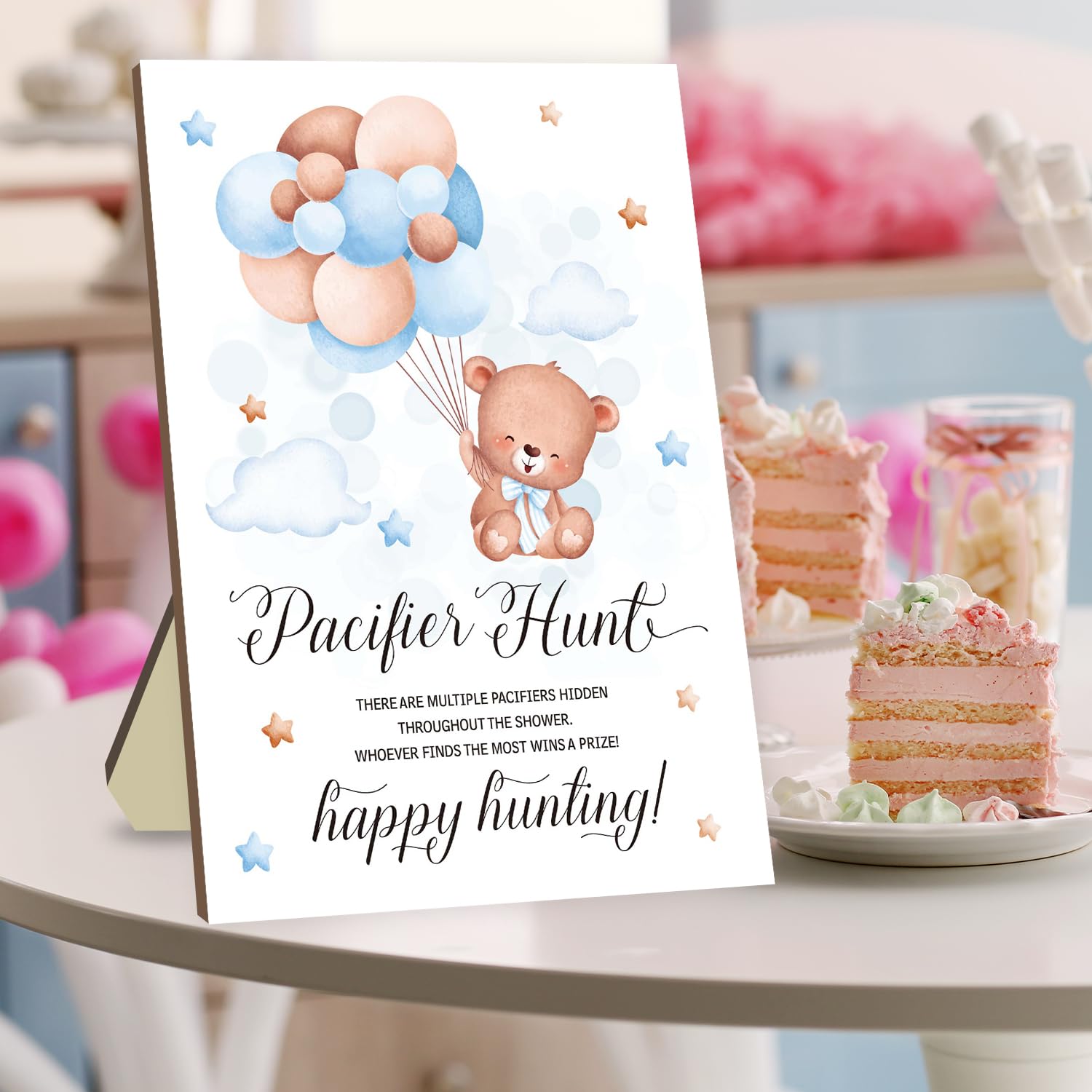 Baby Shower Pacifier Hunt Game Set - 50 Blue Acrylic Mini Pacifiers with Bear Sign - Fun Ice Breaker Activity for Gender Reveal & Newborn Celebrations