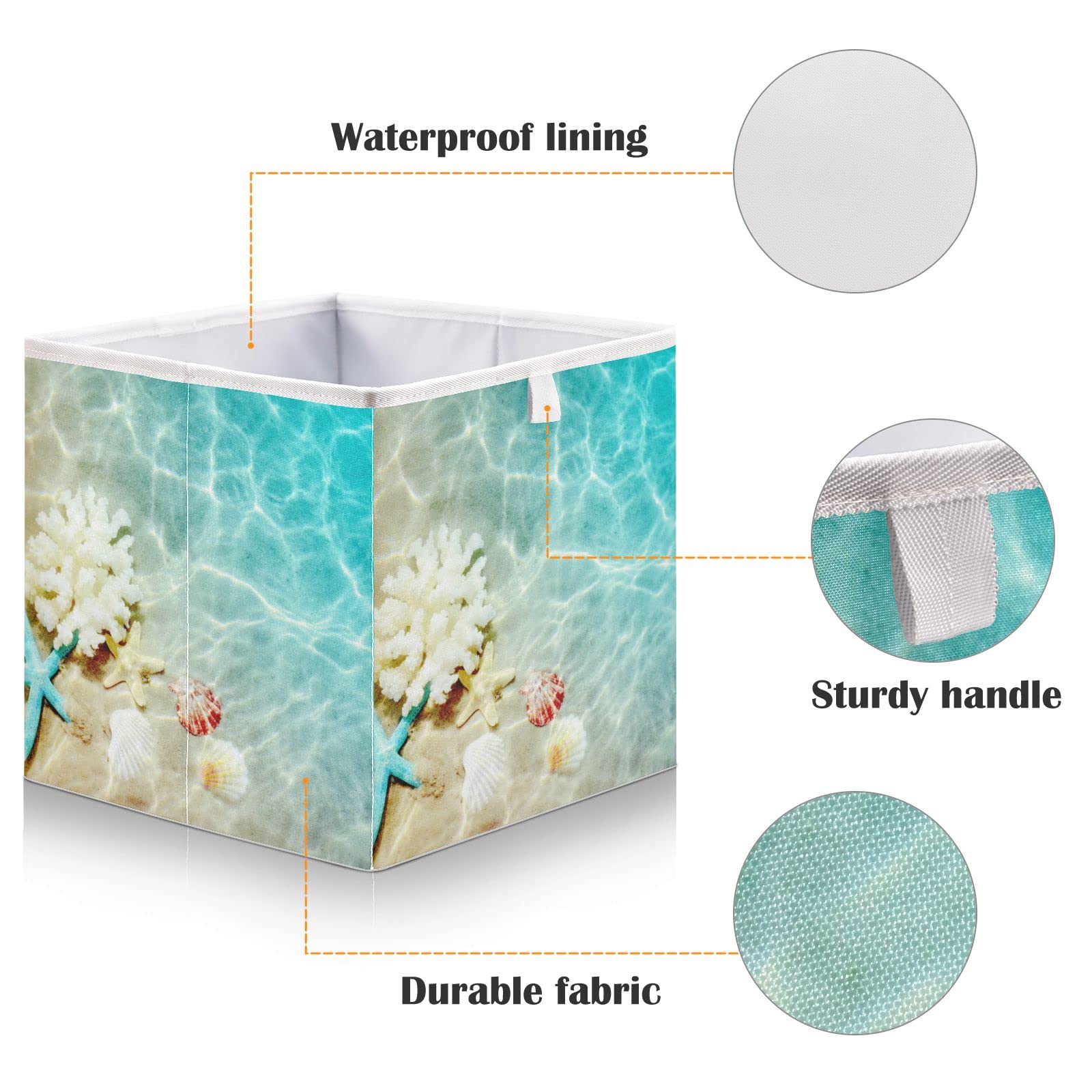 Foldable Starfish Seashell Storage Basket - 11x11x11 Inch Cube Bin for Shelves, Closet, Laundry & Nursery | Summer Beach Home Decor Organizer for Bedroom, Bathroom & Living Room