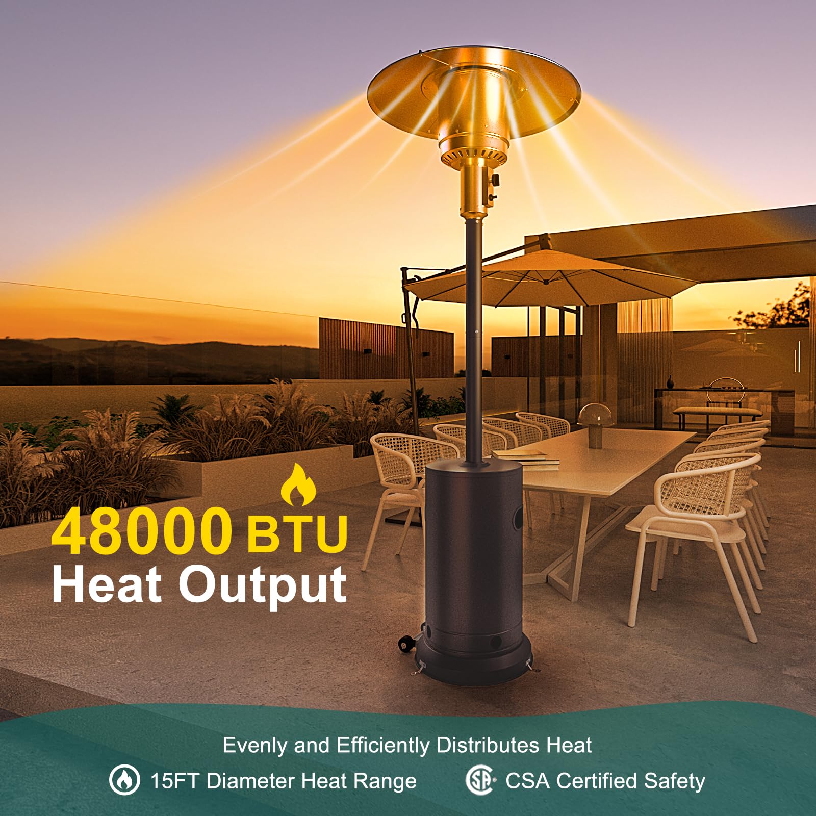 48,000 BTU Stainless Steel Propane Patio Heater with Wheels - Outdoor Heater for Backyard, Garden, Patio, Porch & Pool - Bronze Finish - Perfect for Cold Evenings, Outdoor Dining & Entertainment