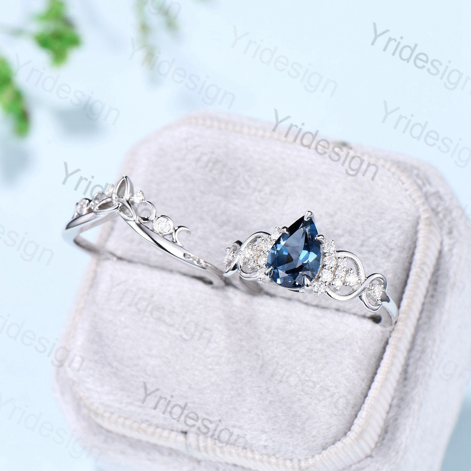 Celtic Love London Blue Topaz Engagement Ring Set – Pear Shaped Topaz & Diamond Wedding Ring – Norse Viking Cluster Moissanite Knot Bridal Jewelry for Women | Perfect for Weddings, Anniversaries & Romantic Gifts