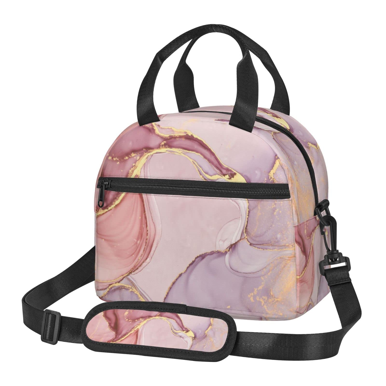 Insulated Lunch Box for Women & Men - Gold Pink Marble Zippered Lunch Tote Bag with Adjustable Strap, Water-Resistant Fabric & Exterior Pockets - Perfect for Work, School, Picnic, Beach or Daily Use