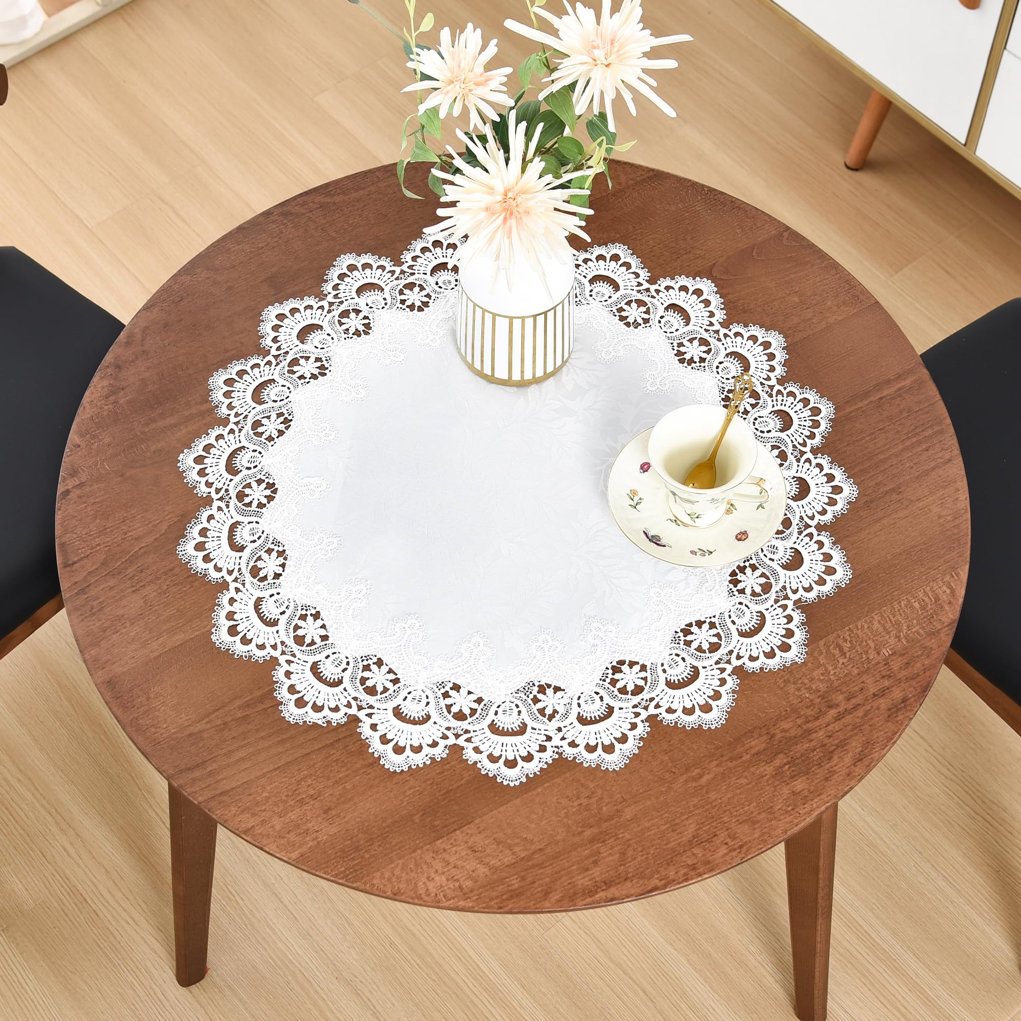 Elegant White Lace Jacquard Round Doily Tablecloth - 24 Inch Decorative Table Topper for Dining Room, Coffee Table, Dresser & Centerpiece - Perfect for Weddings, Tea Parties & Home Decor