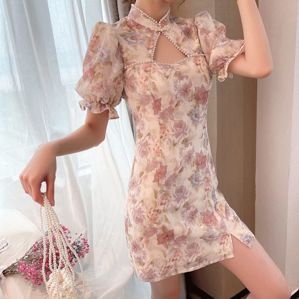 Vintage Chinese Style Summer Dress for Women - Floral Hollow Out Short Sleeve Vacation Dress (Color B, Size 3XL) | Perfect for Beach Getaways, Garden Parties & Cultural Events
