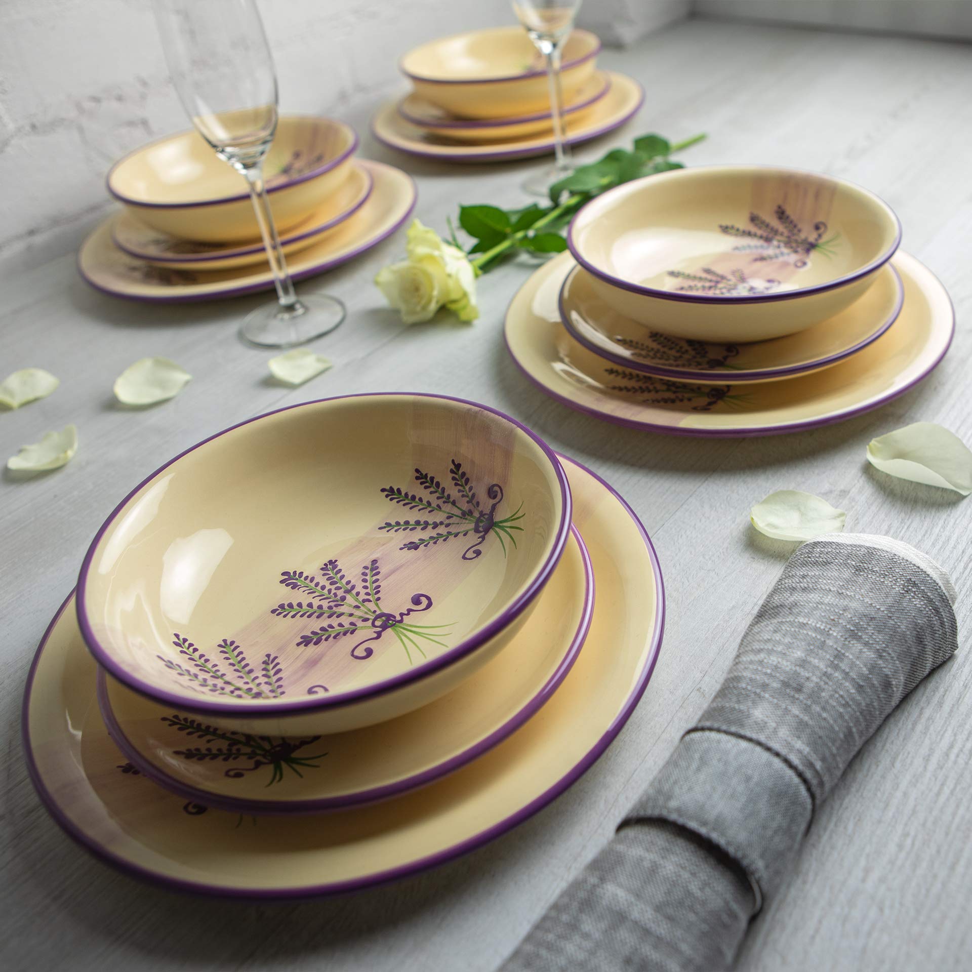 Handmade Lavender Floral Purple and Cream Ceramic 12-Piece Dinnerware Set | Pottery Tableware Service for 4 | Dinner Plates, Side Plates & Bowls | Elegant Housewarming Gift by City to Cottage® | Perfect for Dinner Parties, Bridal Showers & Farmhouse Decor