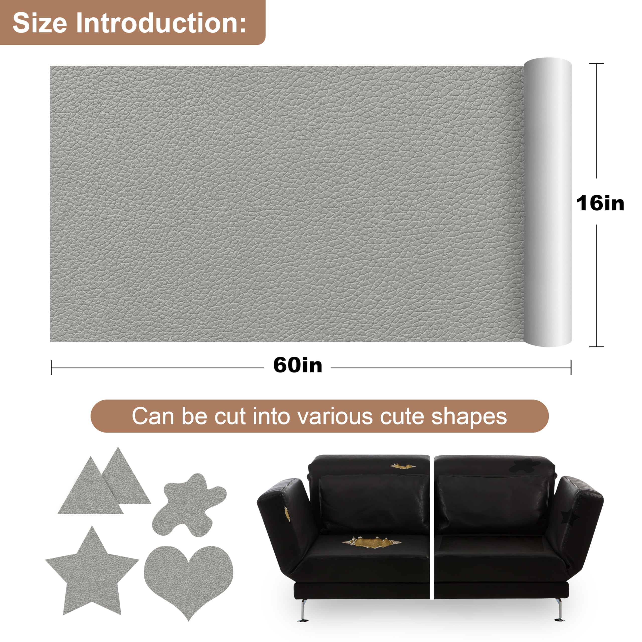 ONine Leather Repair Patch - Self-Adhesive Couch Patch (16x60 Inch) | Scratch Repair for Sofas, Car Seats, Handbags & Jackets | Multicolor Options Including Light Gray | Easy Peel & Stick Application | Perfect for Home, Office & Vehicle Interior Maintenance