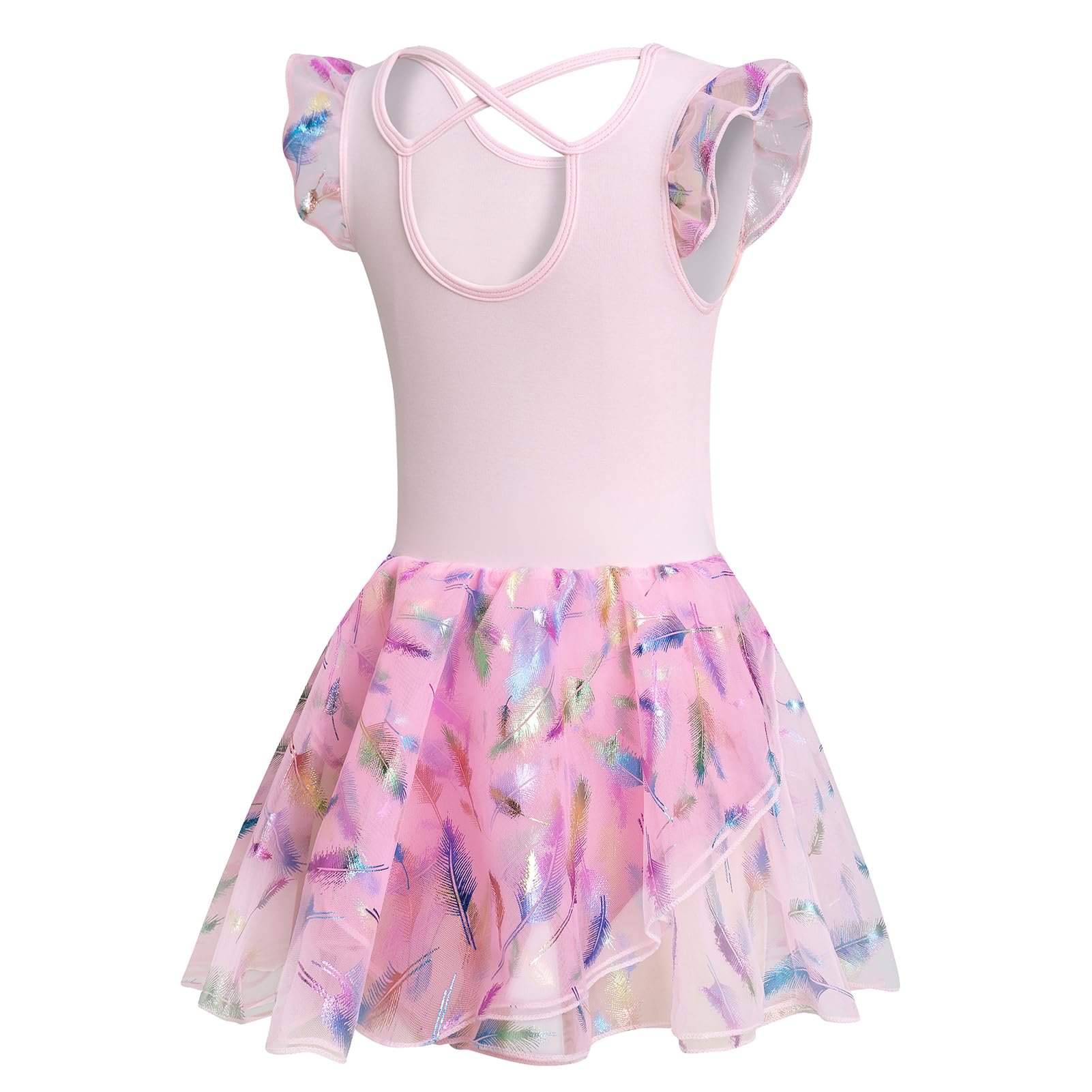 Phineein Girls' Flutter Sleeve Criss-Cross Back Dance Leotard - Ballet Gymnastics Leotard with Dress Cutout Back for Kids Dance Class & Performance