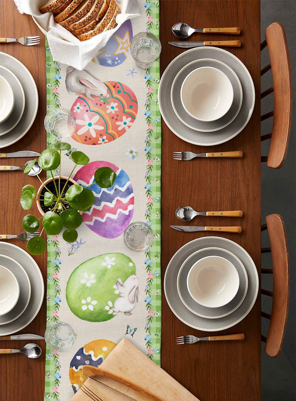 Easter Table Runner Decor - 13x36 Inch Spring Bunny & Eggs Design for Kitchen, Dining Table, Family Dinner, Banquet & Party Celebrations - Cute Easter Rabbit Home Decor for Holiday Gatherings & Festive Occasions