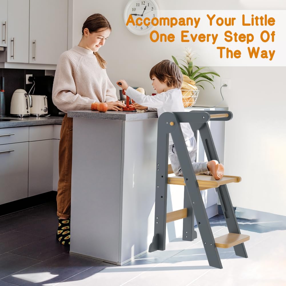 Foldable Toddler Learning Tower - Adjustable Height Step Stool with Safety Rails & Anti-Tip Design for Kitchen Helper | Perfect for Baking, Cooking & Playtime Activities for Toddlers & Kids