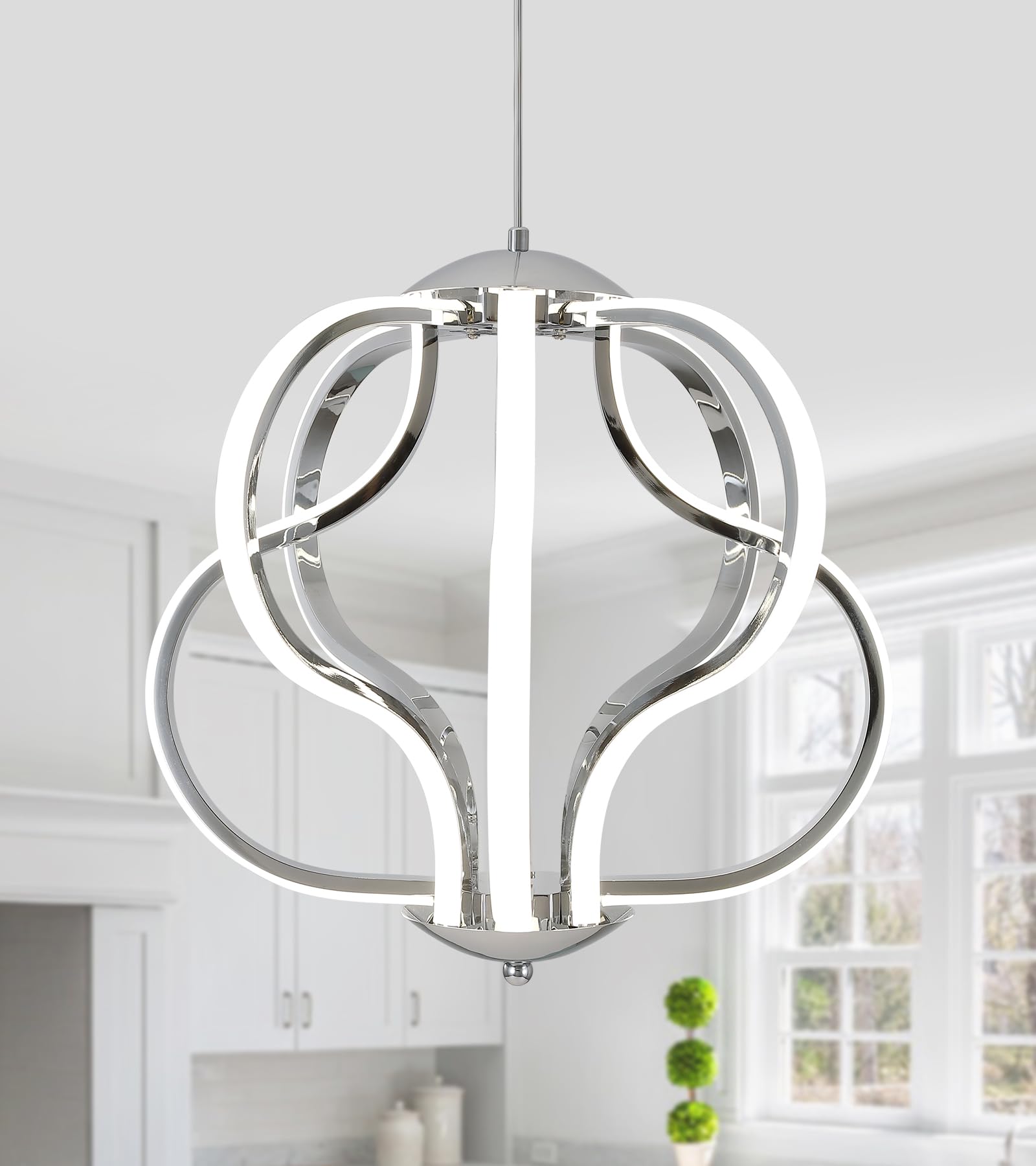 Modern LED Chandelier with Chrome Finish - 8-Light Hanging Pendant Lighting Fixture for Dining Room, Foyer, Entryway, Kitchen & Living Room - Perfect for Home Decor and Ambient Lighting